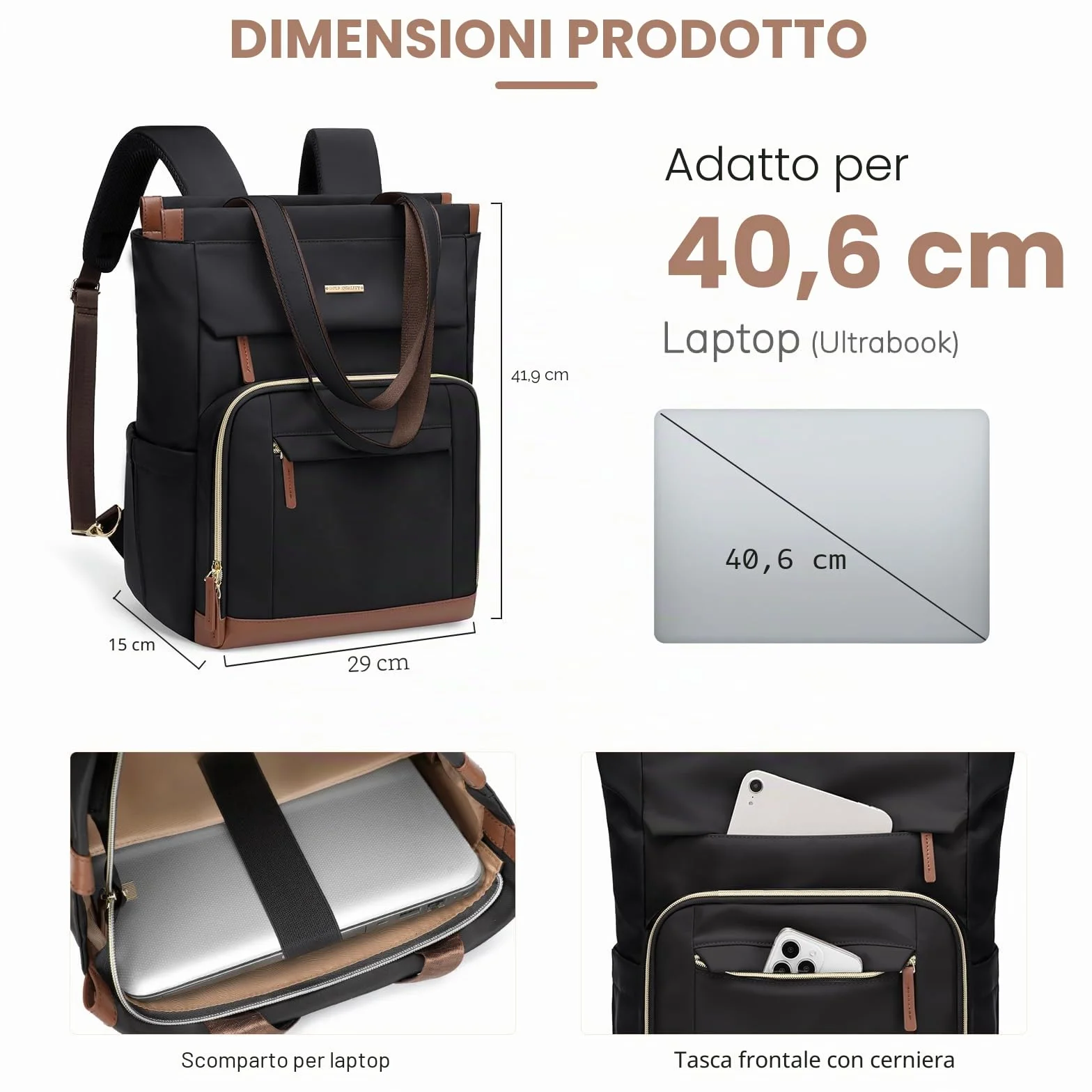 Zaino Porta PC Donna 16 Pollici Antifurto, Impermeabile Computer Backpack Capiente per Laptop, Viaggi, Ufficio, Scuola