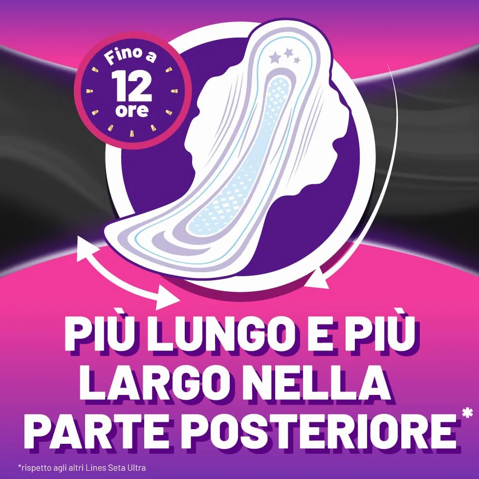 LINES SETA ULTRA EXTRA NOTTE con ali, 10 assorbenti per ciclo mestruale, protezione notturna 12 ore, ipoallergenico