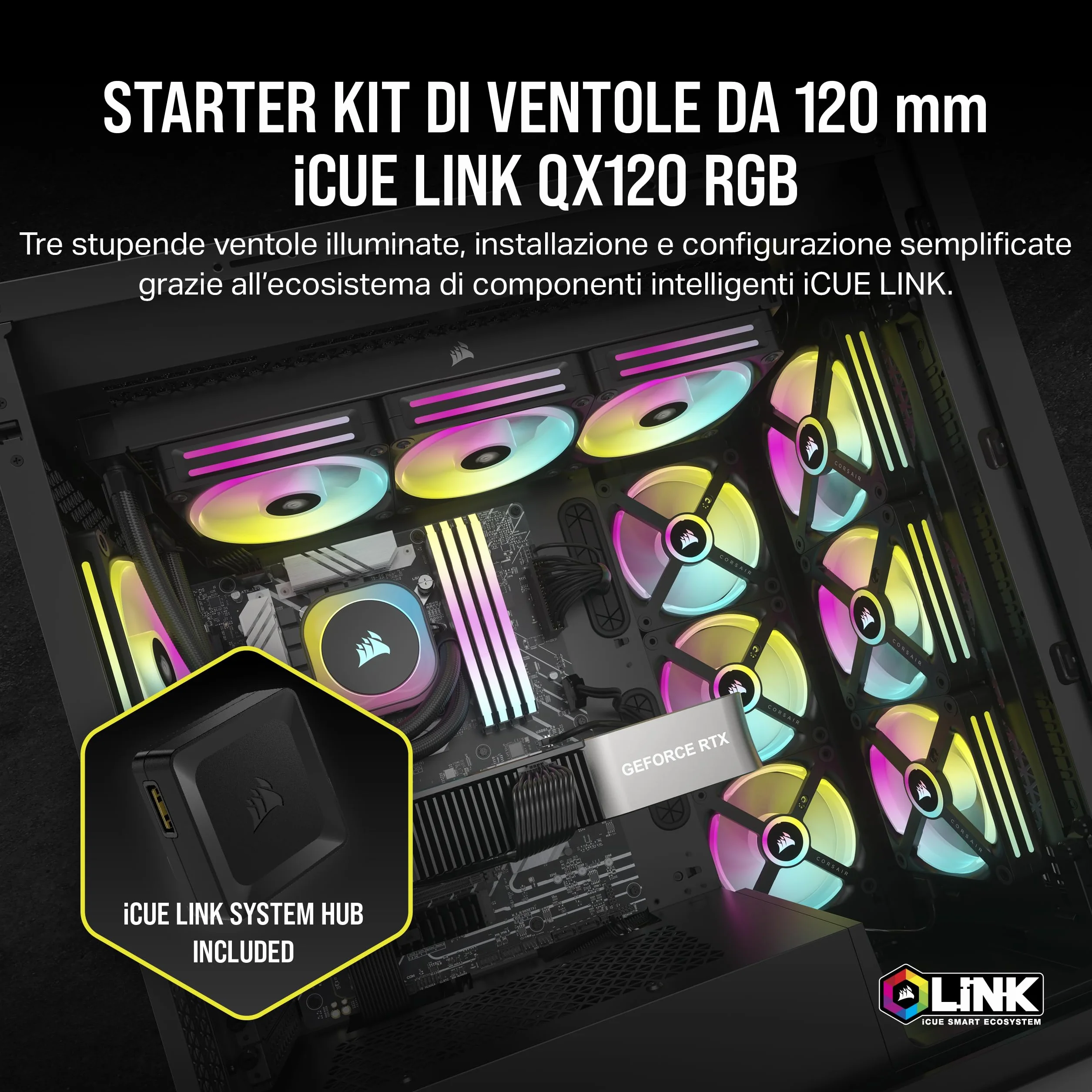 Corsair iCUE Link QX120 RGB Cupola Magnetica da 120 mm Ventole - Tripla Ventole Starter Kit con iCUE Link System Hub - Nero | Tripla Ventole Starter Kit con iCUE LINK System Hub