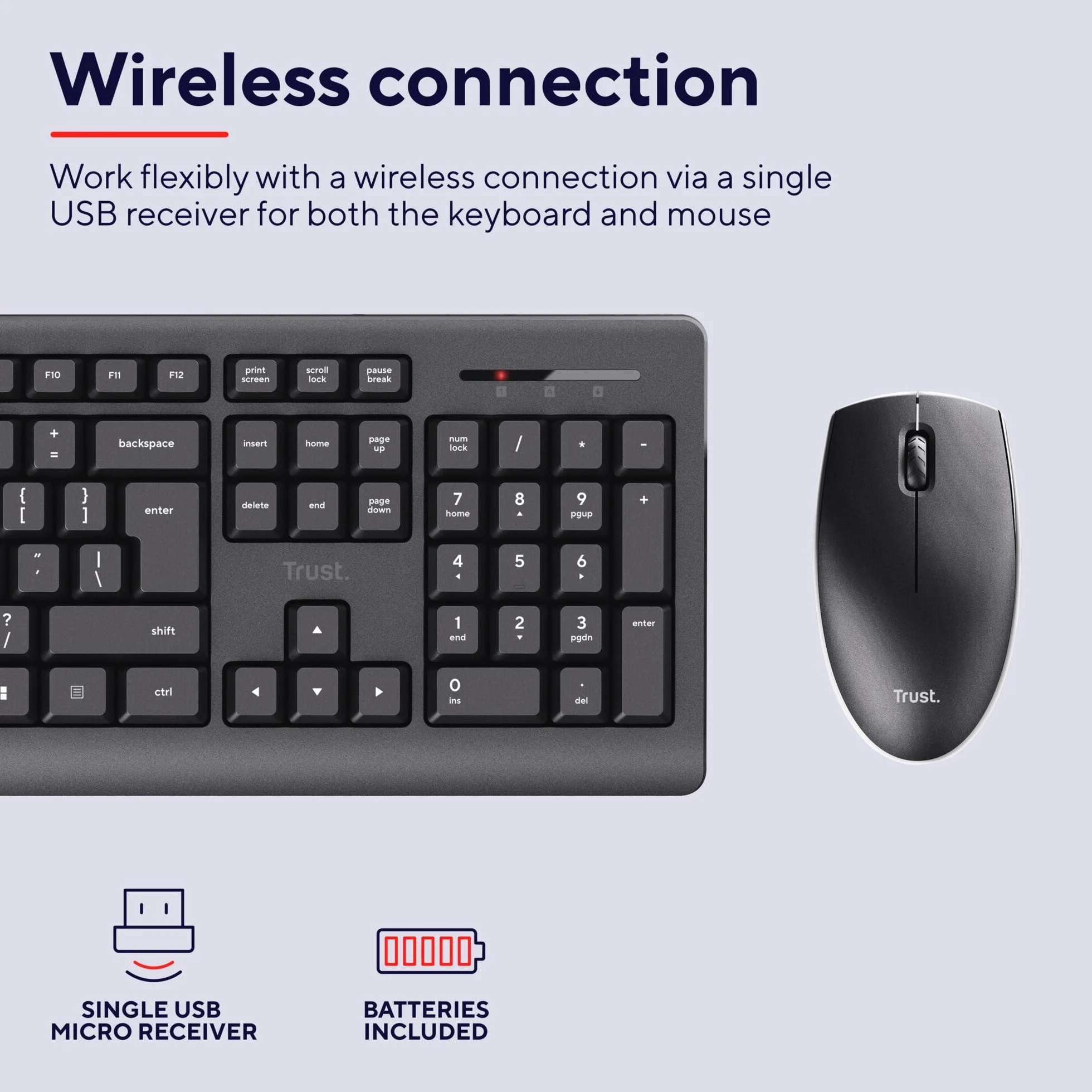 Trust Primo, set di mouse senza fili, layout tedesco QWERTZ, tasti piatti, resistente agli spruzzi, mouse wireless ambidestro con ricevitore USB, tastiera wireless per PC, computer laptop Mac