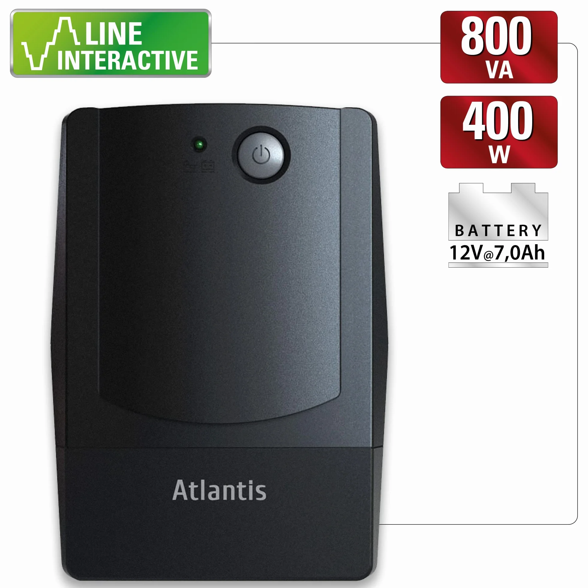 Atlantis OnePower PX800, UPS Line Interactive 800VA/400W, AVR (3 stadi), Onda PseudoSinusoidale, 4 prese IEC, 1 Batteria 12V 7Ah