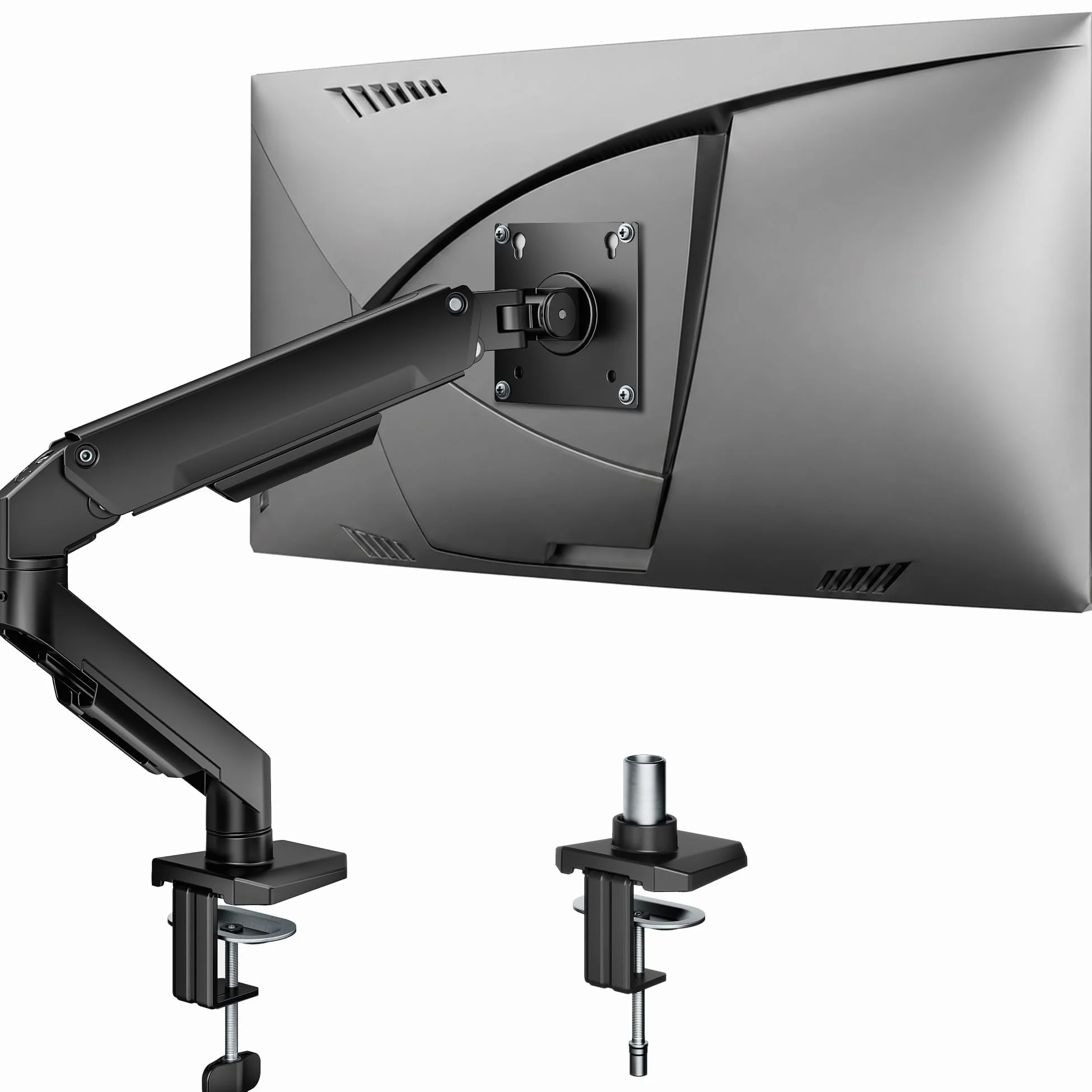 monTEK Braccio singolo in alluminio per monitor da 17 a 32 pollici, portata | Supporto per monitor a molla meccanica, movimento completo, VESA 75/100, montaggio con morsetto/passacavo, gestione dei cavi