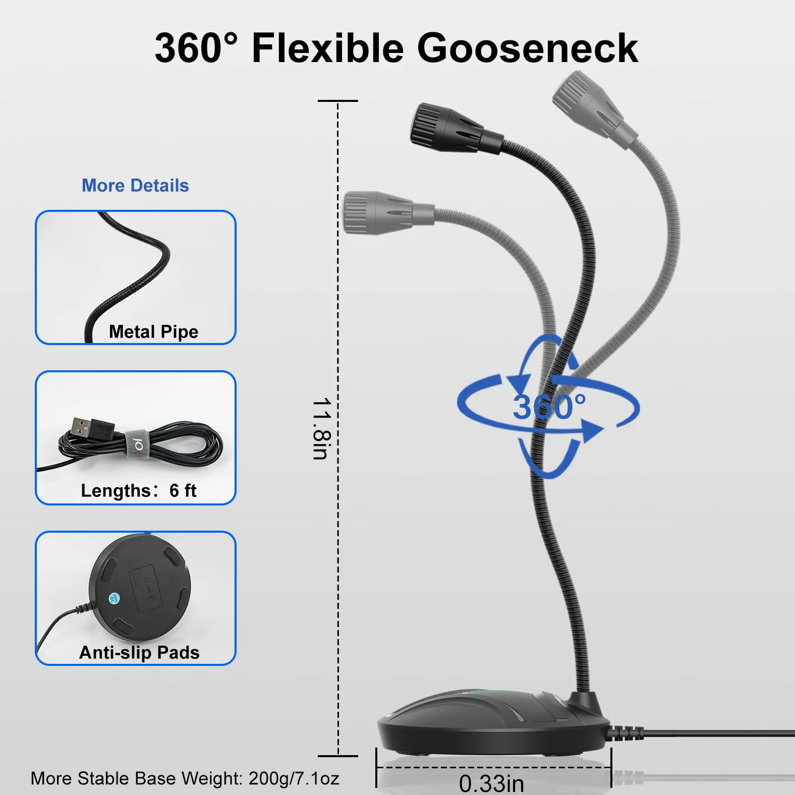 Microfono USB per computer Plug & Play, collo d'oca flessibile e pulsante di disattivazione LED, microfono da tavolo per giochi, YouTube, Streaming, compatibile con Windows/Mac (1,8 m)