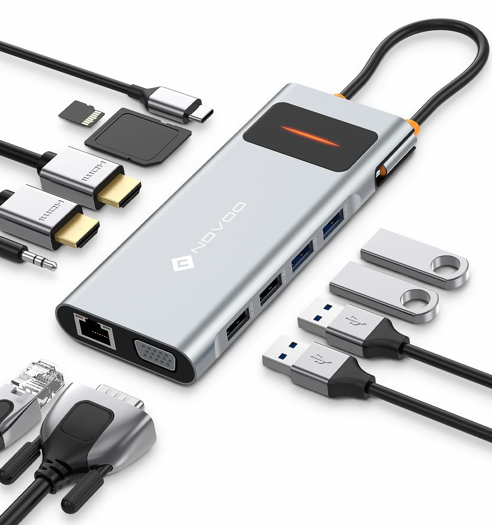 Docking Station USB C Triplo Display, NOVOO 12 in 1 Hub USB C con 2 4K HDMI, VGA, 1000Mbps Ethernet, Lettore SD/TF, 4 USB, Audio da 3,5 mm e Ricarica Rapida PD 100W per MacBook/Dell/Surface/HP