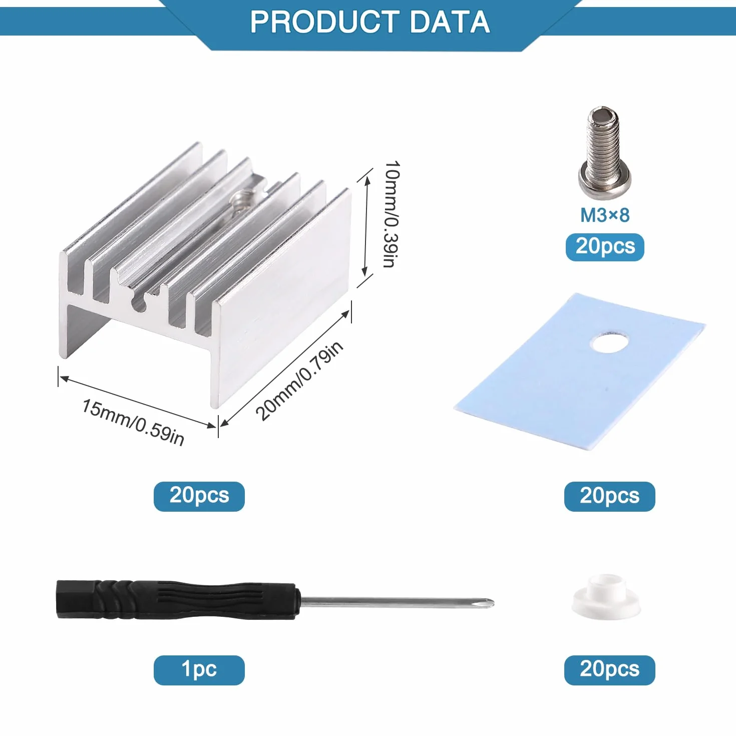 VooGenzek 20 Pezzi TO-220 Dissipatore Termico Alluminio + Isolante Kit, TO-220 Dissipatore Calore + Vite + Rondella + Isolante Gommata Silicone, per Transistor MOSFET, 20x15x10 mm