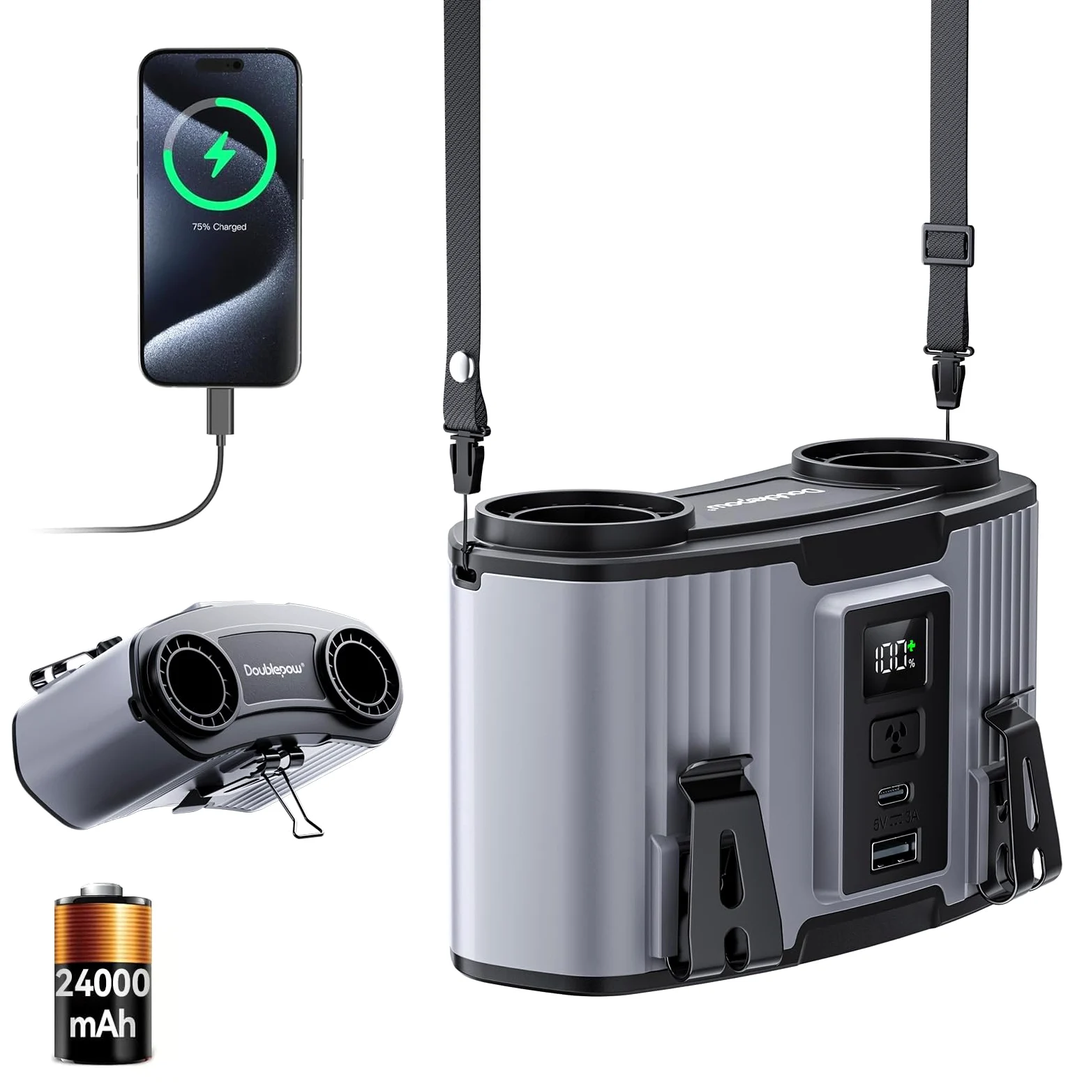 Ventilatore da cintura portatile da 24000 mAh, con clip, ricaricabile, doppio motore con doppio canale d'aria, 10 velocità, 45 ore di autonomia, per cantiere, lavoro all'aperto, viaggi, interruzione