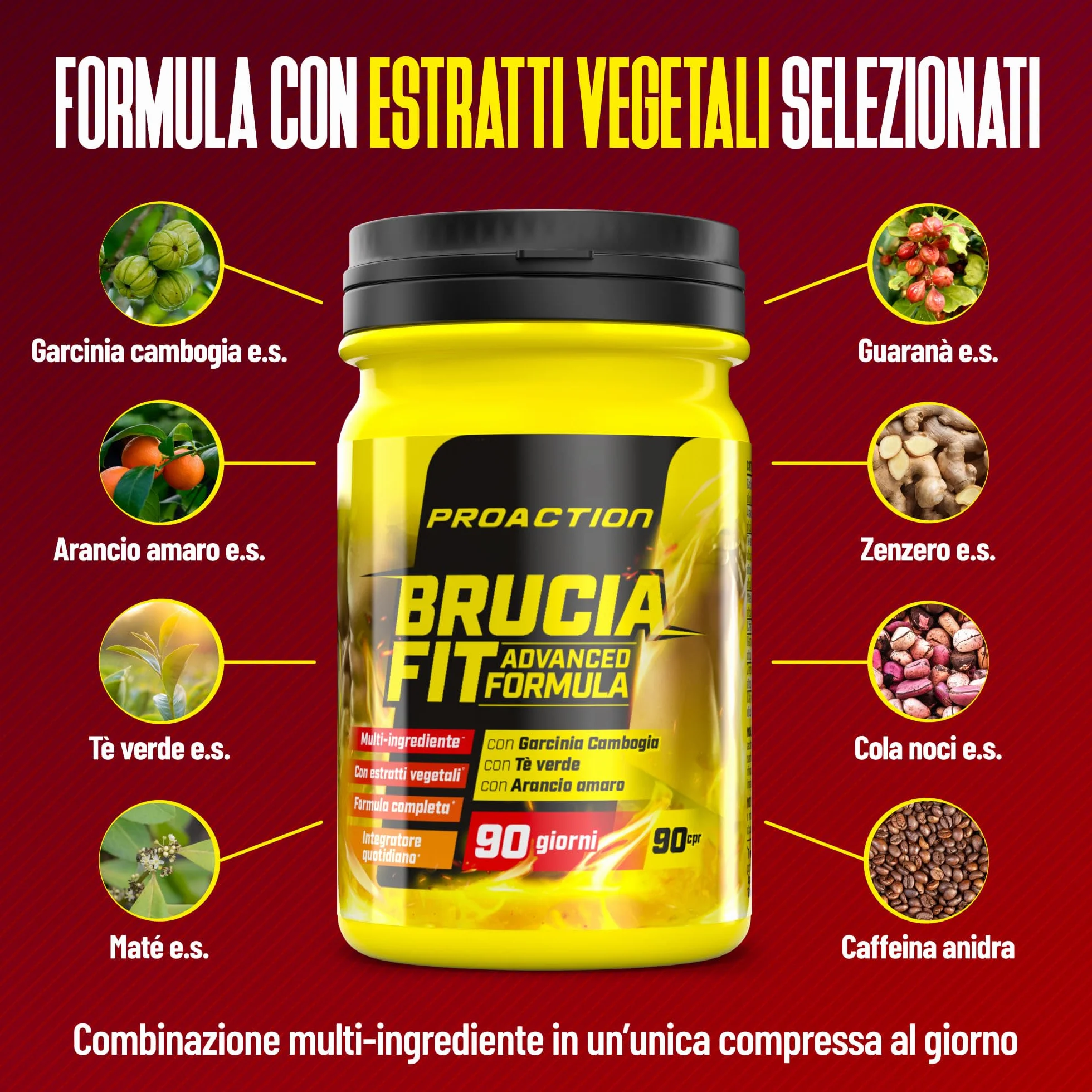 Integratore alimentare Garcinia Cambogia Arancio Amaro Tè Verde Maté Guaranà Zenzero Cola Noci Caffeina Anidra 90 compresse