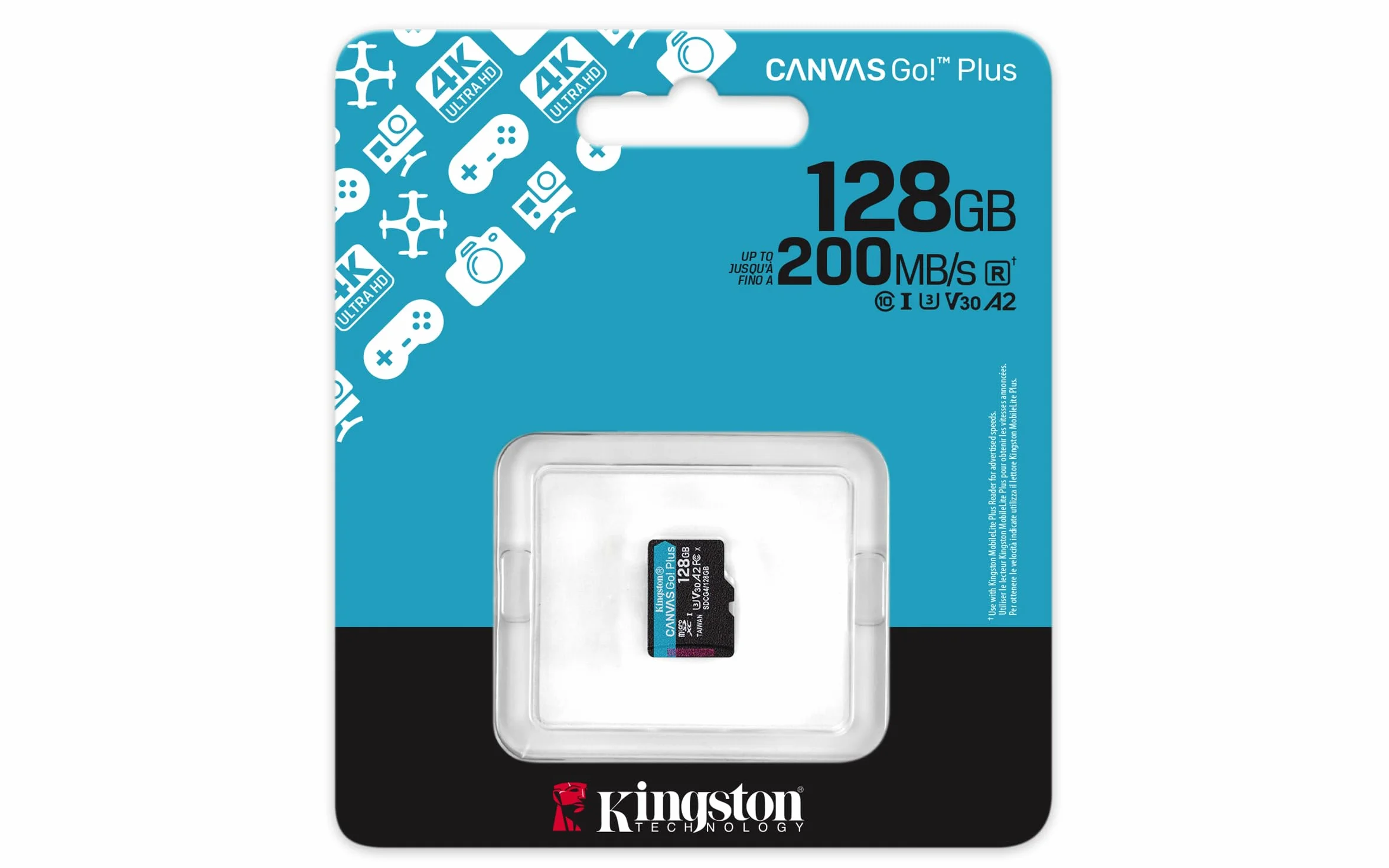 Kingston Canvas Go Plus microSDXC Scheda Di Memoria Gen4 200MB/s A2 U3 V30 128GB Confezione Singola Senza Adattatore-SDCG4/128GBSP