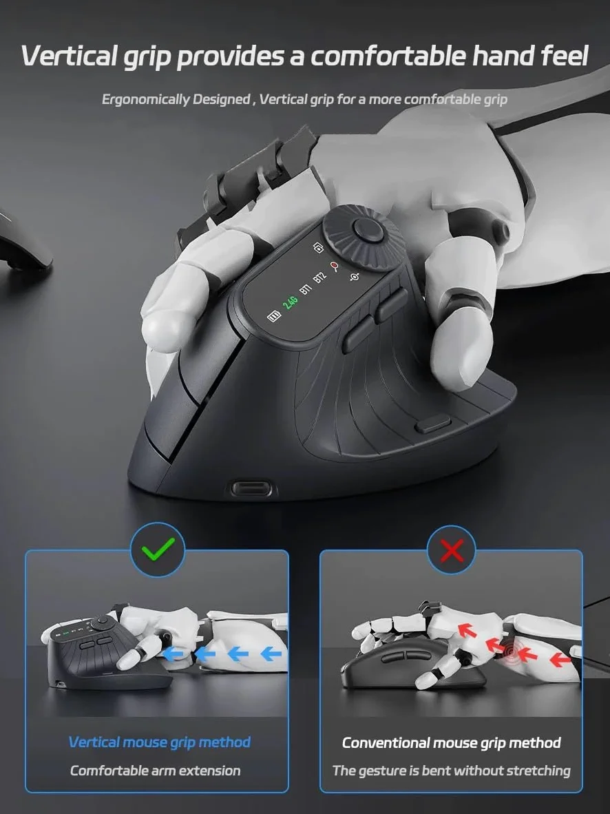 JOMAA Mouse verticale ergonomico senza fili 2,4 G e doppio Bluetooth, tre canali, DPI regolabile, piatto girevole multifunzionale, ricaricabile, per PC, laptop, MacBook (nero)