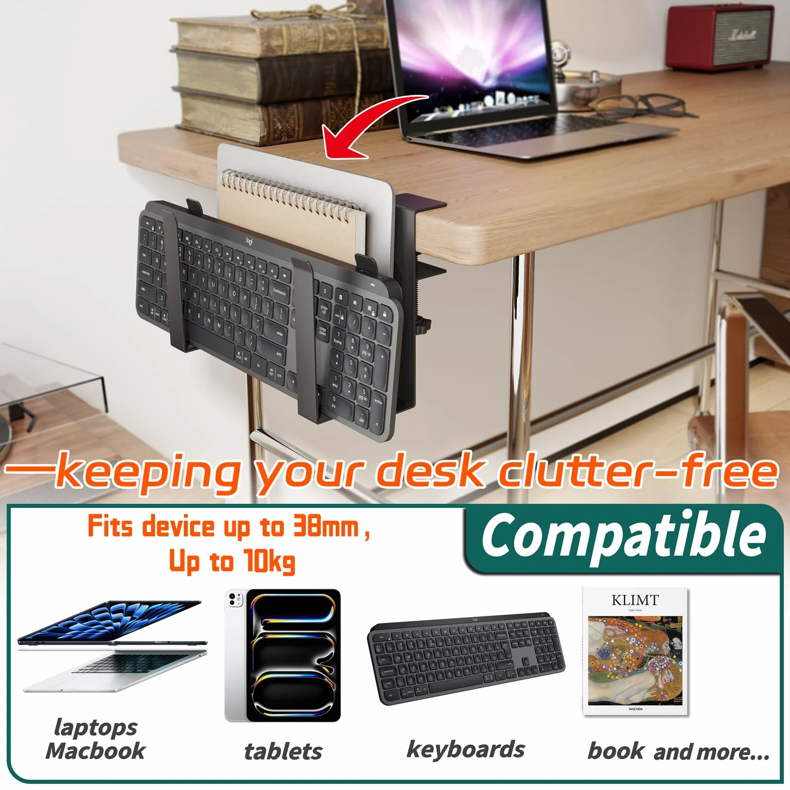 Supporto Regolabile Doppio per Laptop con Morsetto per Scrivania – Installazione Senza Fori - Ripiano in Acciaio Inox per due Dispositivi ≤ 38 mm
