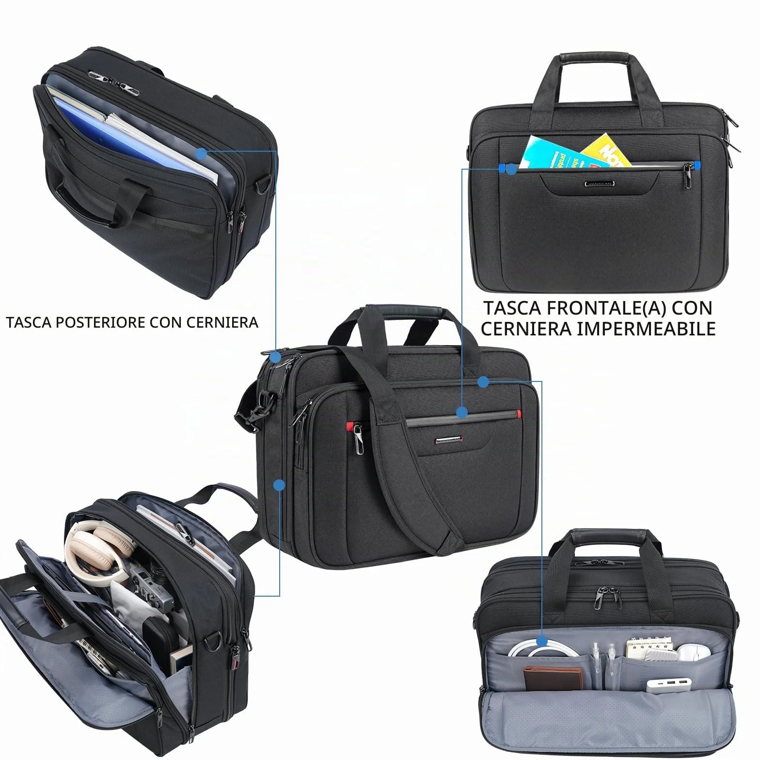 VANKEAN Valigetta per Laptop Borsa per Laptop Premium Adatta fino a 17,3 Pollici Borsa a Tracolla per Laptop Borsa a Tracolla Idrorepellente espandibile per Borsa per Computer per Affari/Scuola-Nero