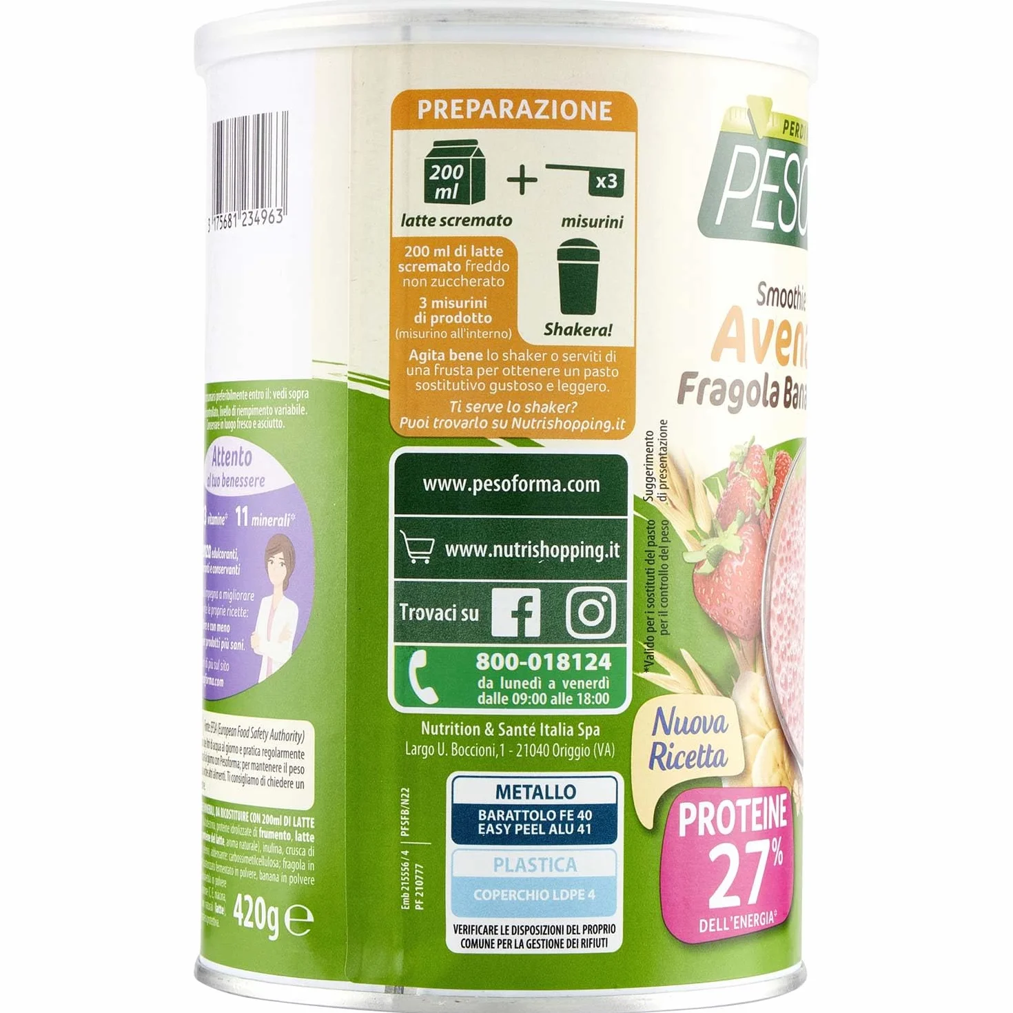 Pesoforma Nature Smoothie Pasto Sostitutivo Dimagrante, Shake gusto fragola banana, 203 Kcal