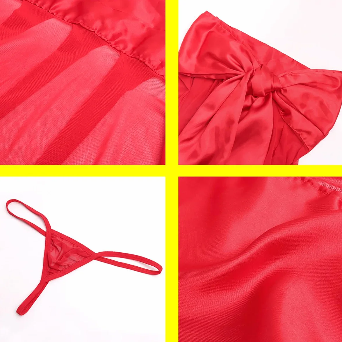 Set Lingerie Sexy Natale Rosso Grande Fiocco Raso Tulle Trasparente Senza Spalline Teddy Costumi