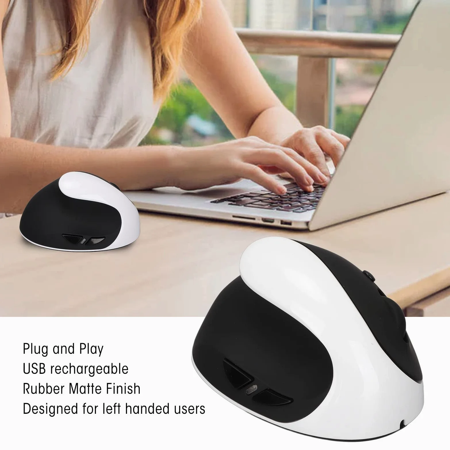 ADITAM Mouse Verticale per Mano Sinistra Mouse Ricaricabile Wireless, Mouse Ergonomico per Mano Sinistra Supporto per Mouse USB per Computer DPI Regolabili per PC Uffici Casa (Nero) Double the comfort