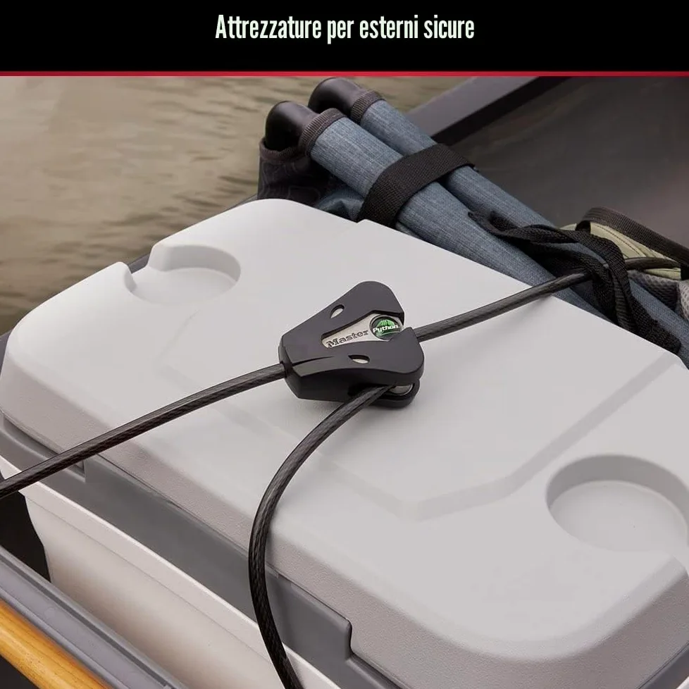 Master Lock, Lucchetto per bici con cavo nero e chiave, cavo regolabile in metallo con rivestimento in vinile, resistente alle intemperie, per attrezzature da esterno, biciclette, telecamere trail,