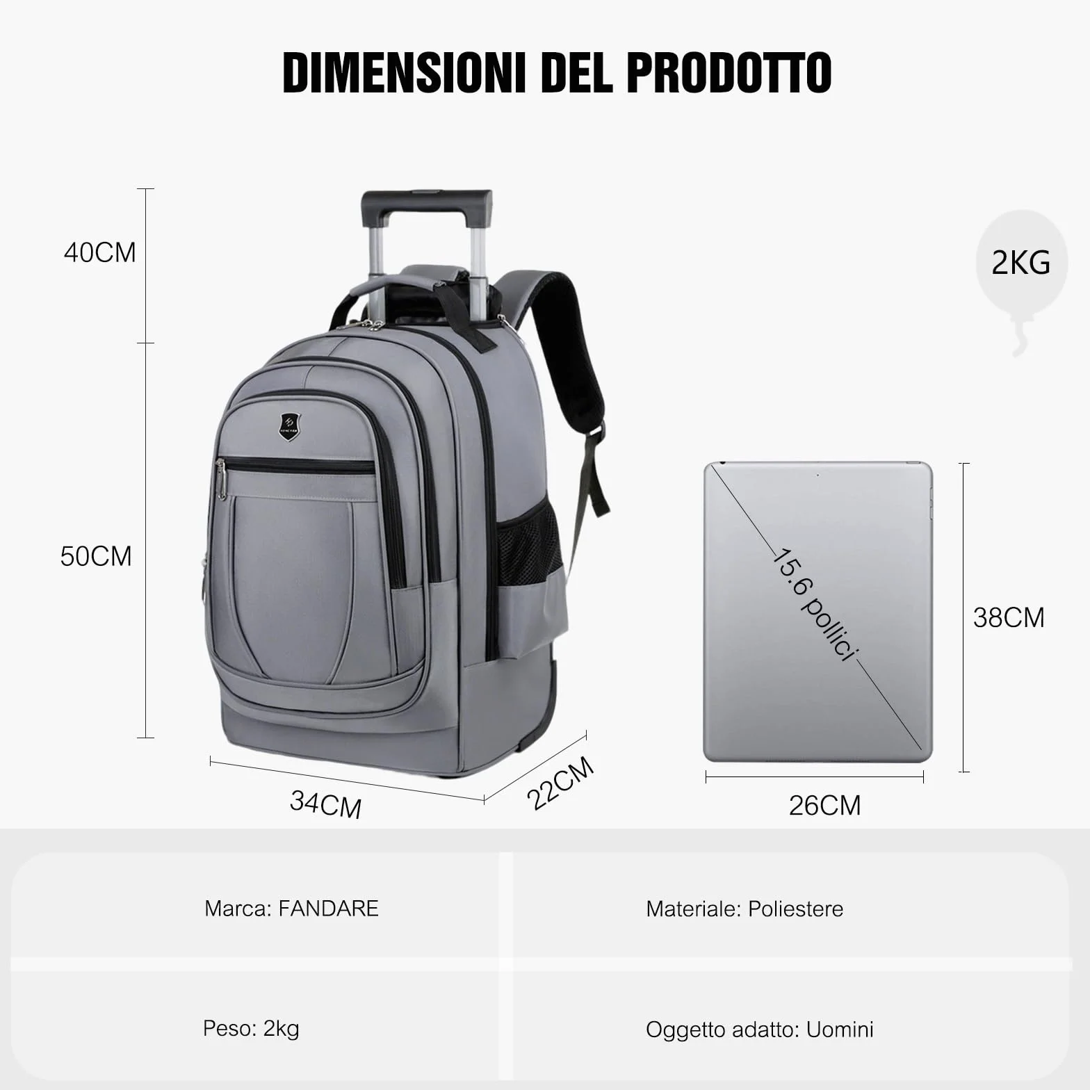 FANDARE 35L Trolley Zaino 2-in-1 per PC 15.6 pollici con Ruote, Borsa da Viaggio e Ufficio