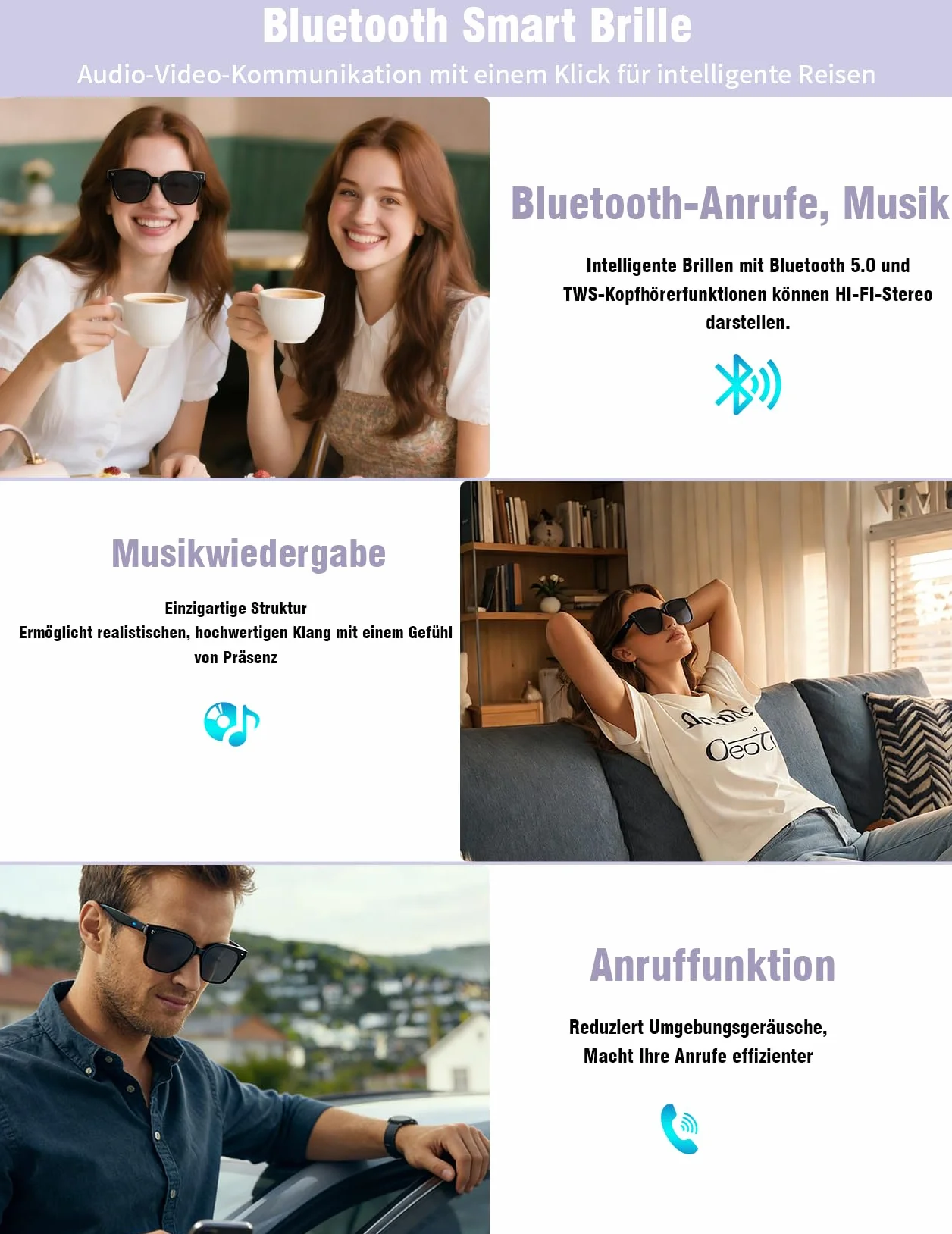 Intelligente Bluetooth 5.4 Audio Sonnenbrille mit Mikrofon Lautsprecher für Herren Damen