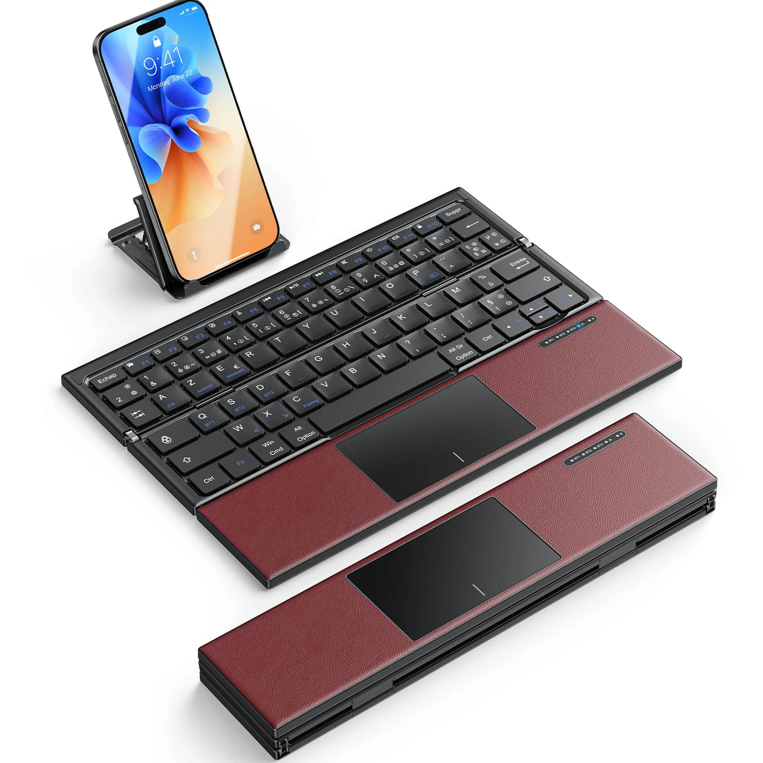 OMOTON Tastiera pieghevole AZERTY Bluetooth con touchpad, Bordeaux | Multidispositivo, portatile, mini tastiera senza fili silenziosa, compatibile con Android Windows iOS Telefono Tablet iPad
