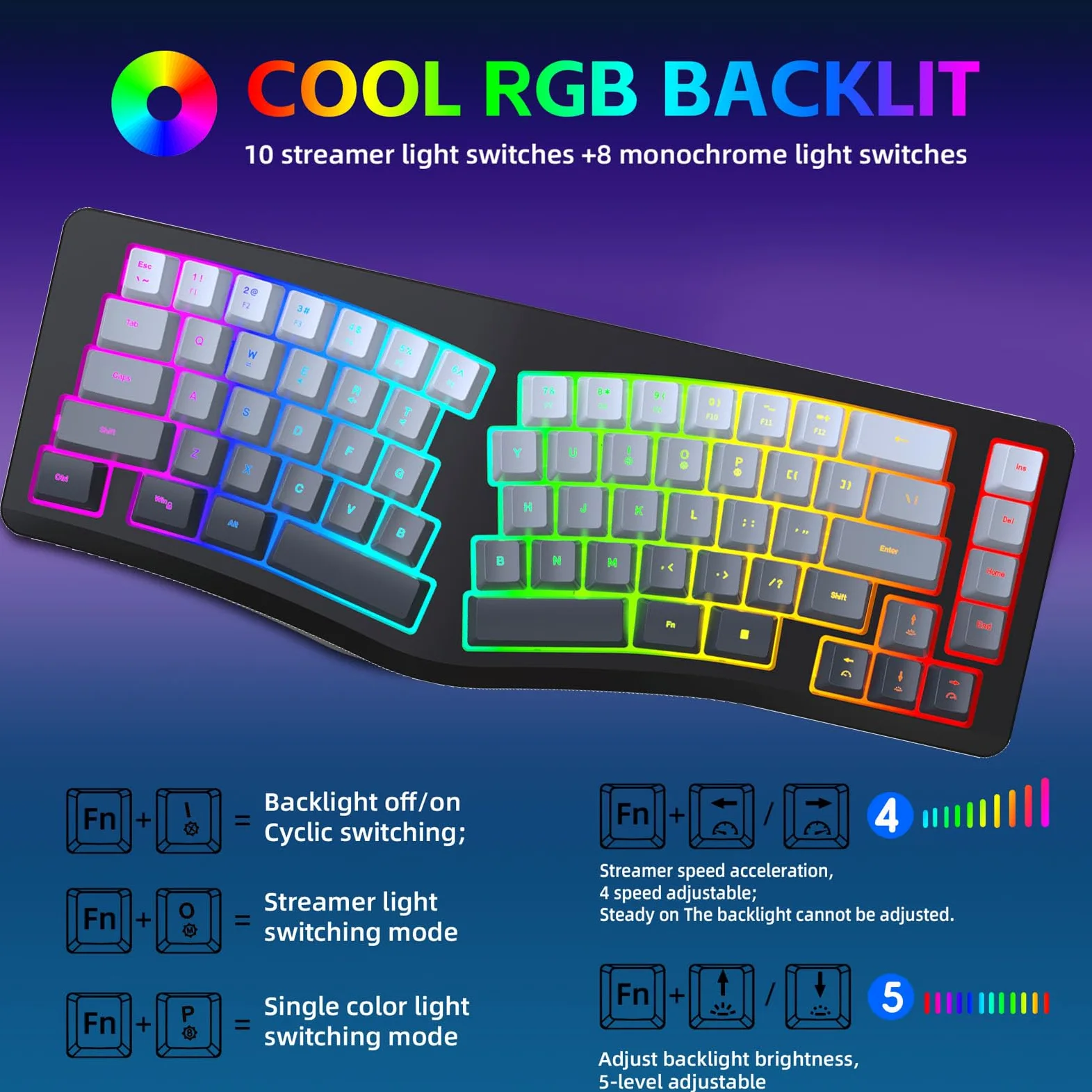 Goshyda Tastiera Ergonomica Cablata, Tastiera Divisa a Forma di V con Retroilluminazione RGB Colorata, per W​ins​​ per OS X per Computer Desktop Laptop Android