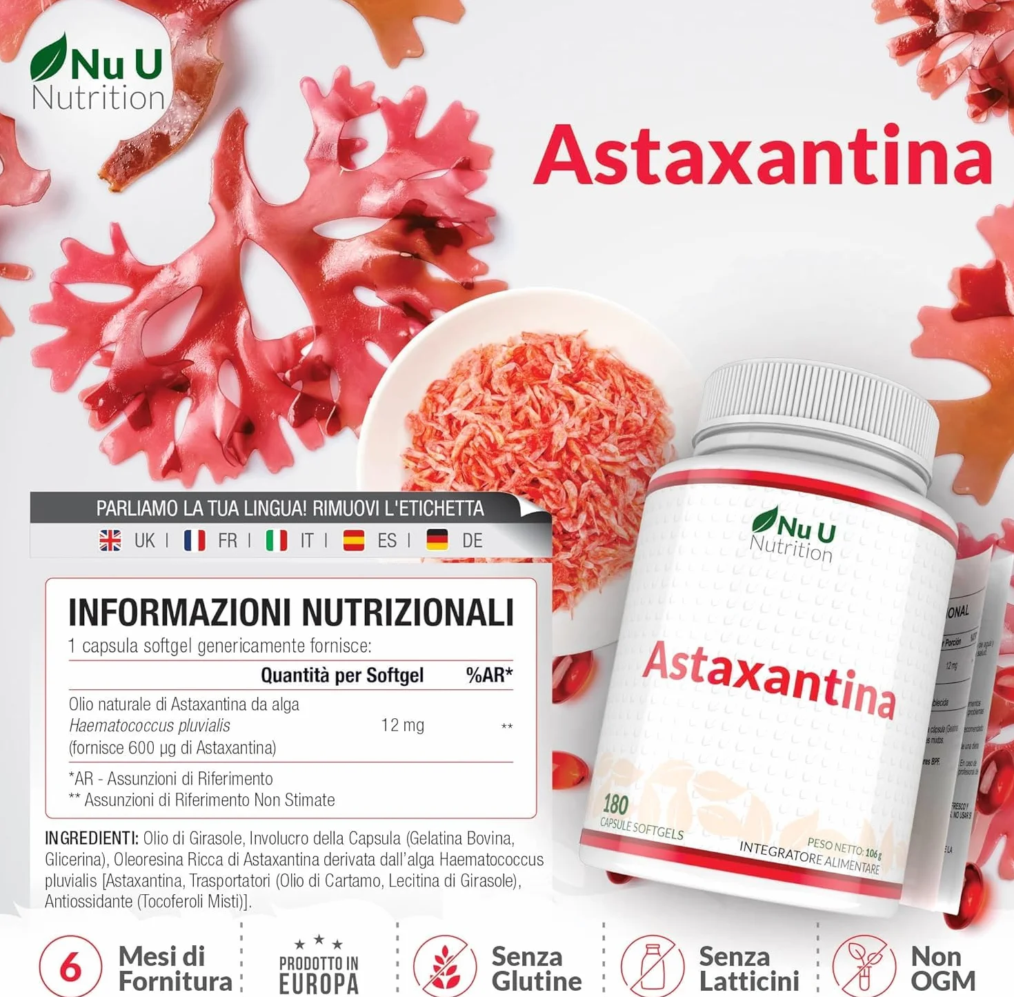 Nu U Nutrition Astaxantina Naturale 12mg 180 Capsule Softgel Integratore Antiossidante