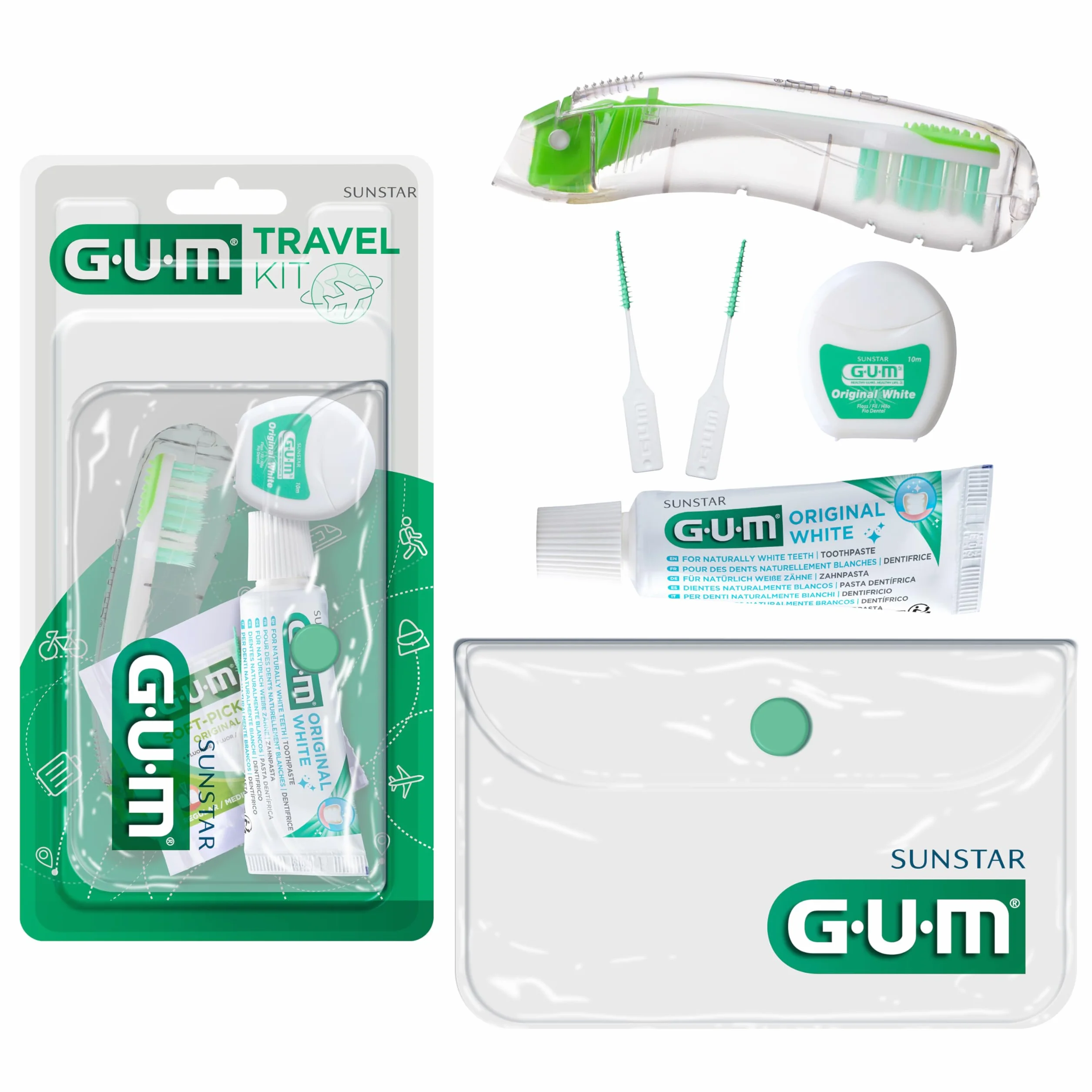 GUM TRAVEL Kit Igiene Orale da Viaggio 3 Pezzi Spazzolino Dentifricio Filo Scovolini