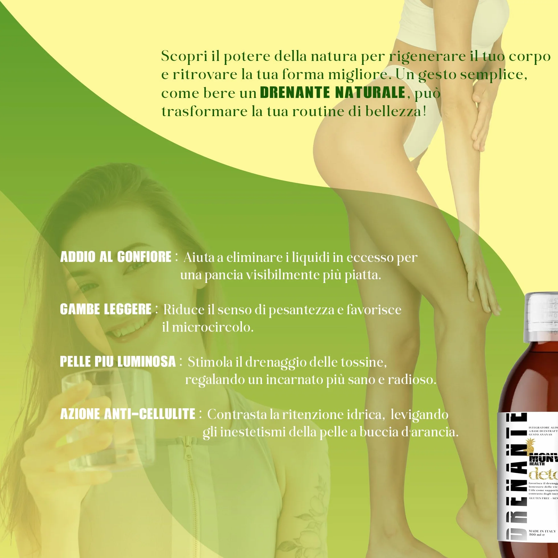 Monvya Health Drenante Forte con Bromelina 500ml Detox Cellulite Digestivo Gambe Leggere
