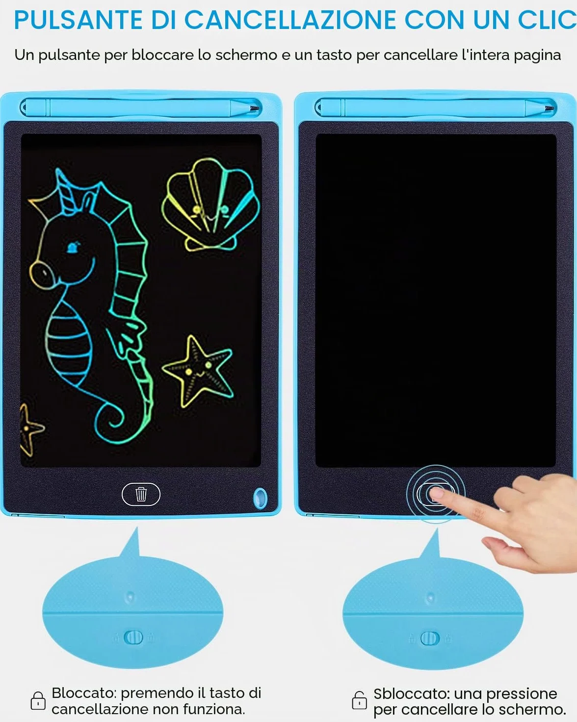Tavoletta Grafica Bambini LCD 8,5 Pollici Display Colorato Cancellabile con Pulsante Elimina e Blocco