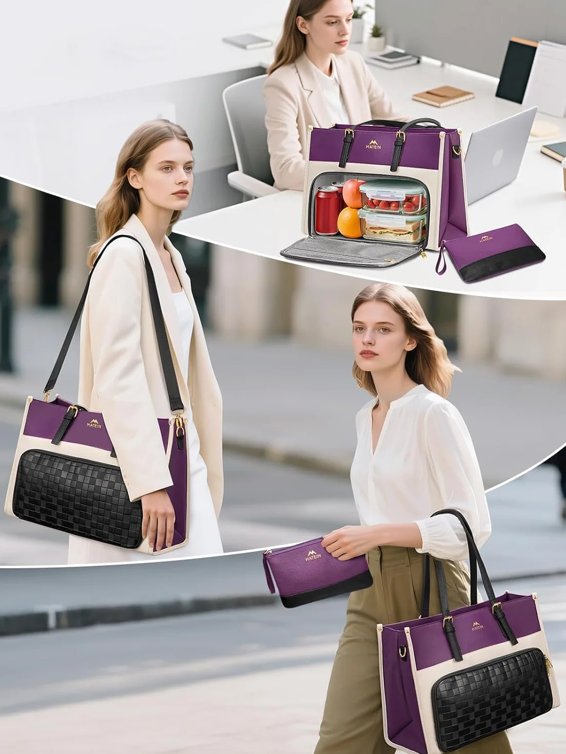 MATEIN Borsa Porta PC Donna con Scomparto Pranzo Isolato, 15,6 Pollici Grande Borsa Tote Elegante con Porta Pranzo, Pochette Impermeabile, Antifurto, per Lavoro Viaggio e Università, Viola