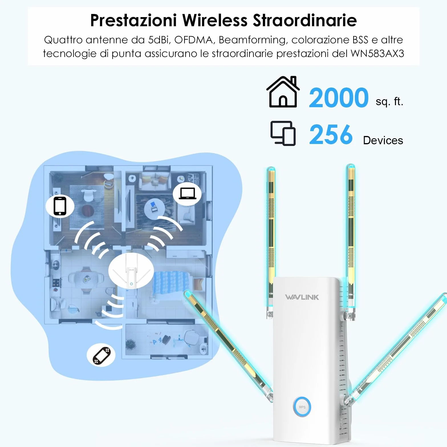 WAVLINK AX3000 Dual Band Wi-Fi 6 Range Extender, WiFi Extender Booster, ripetitore WiFi con porta Gigabit, antenne 4x5dBi, supporto ripetitore/AP/router/modalità mesh, facile installazione, funziona