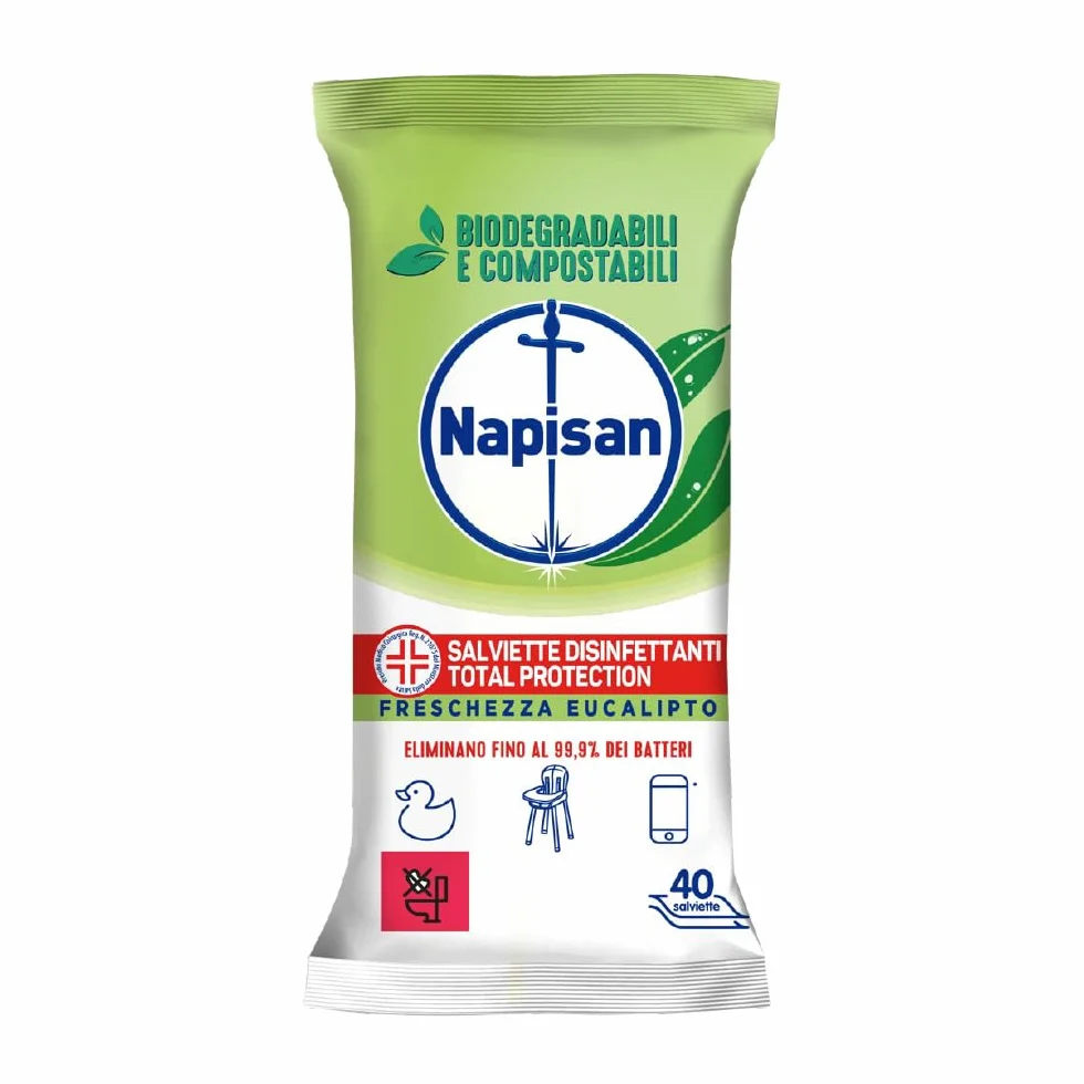 Napisan Salviette Disinfettanti Total Protection Freschezza Eucalipto 40 Salviette Biodegradabili Compostabili Multisuperfici
