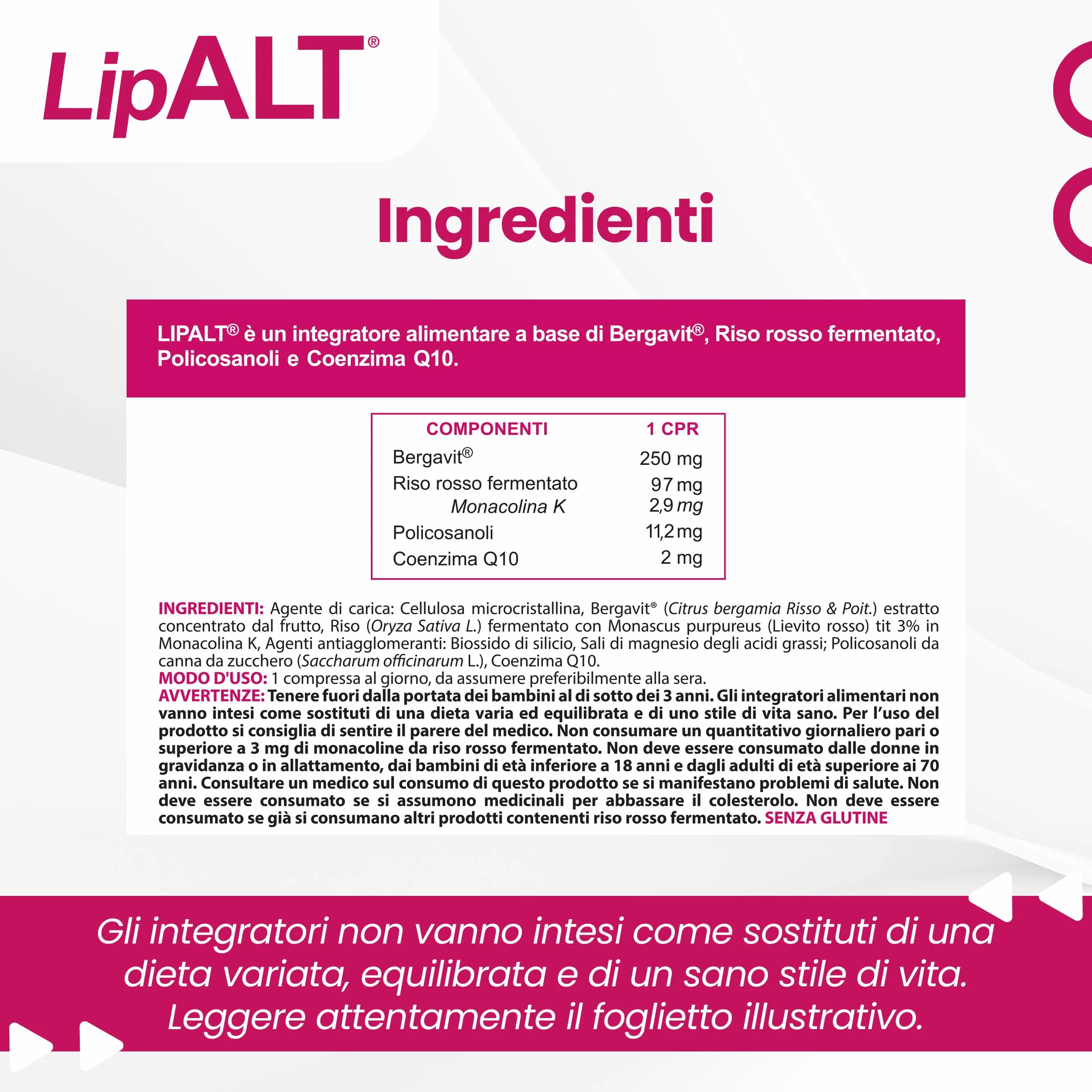 Aurora Biofarma Lipalt Integratore Colesterolo Alto e Trigliceridi Riso Rosso Fermentato Coenzima Q10 Monacolina K Bergavit Policosanoli 30 Compresse Senza Glutine