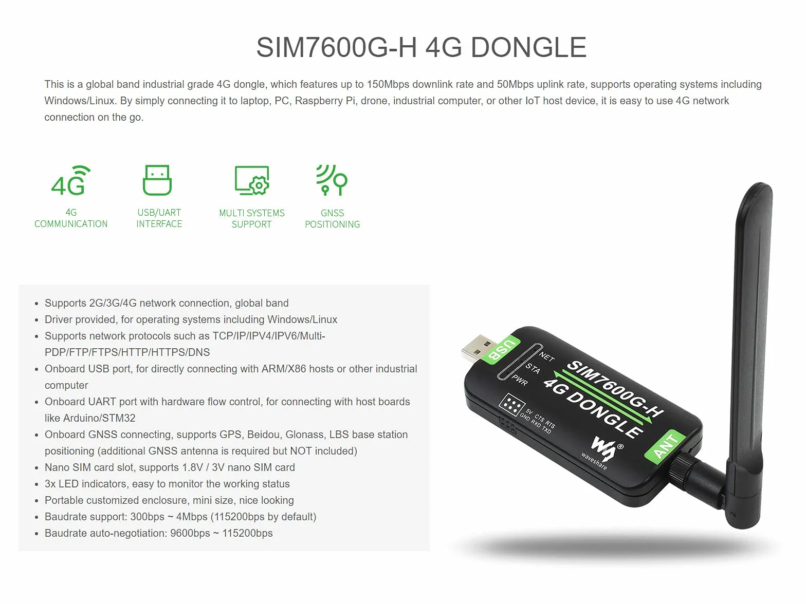 Waveshare SIM7600G-H 4G DONGLE, with Antenna, Compatible with Windows/Linux