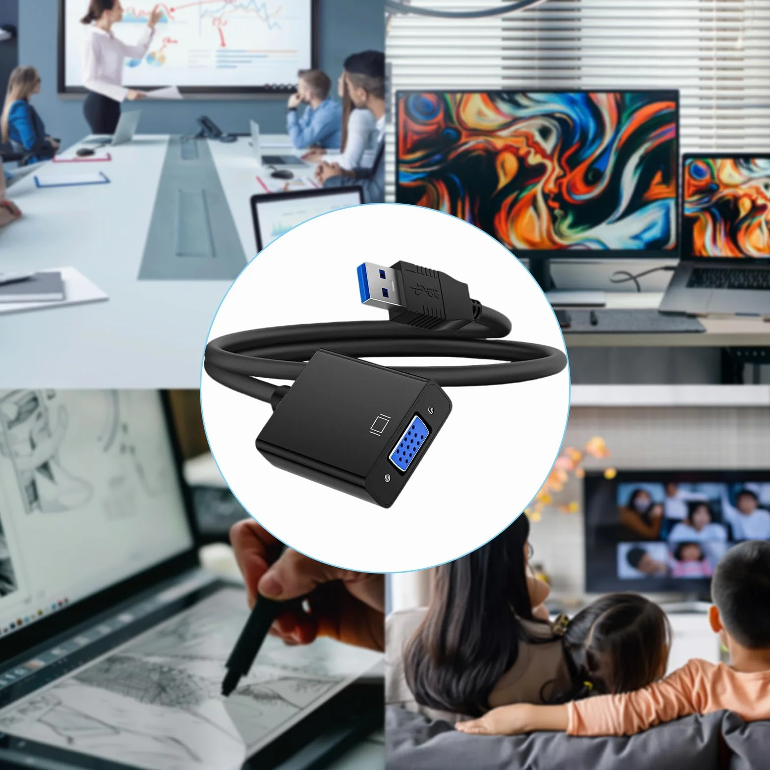 Adattatore USB 3.0 a VGA, adattatore scheda grafica esterna, convertitore per PC Windows, compatibile con videoproiettore TV, semplice Plug & Play, ideale per lavoro d'ufficio, home theater (nero)