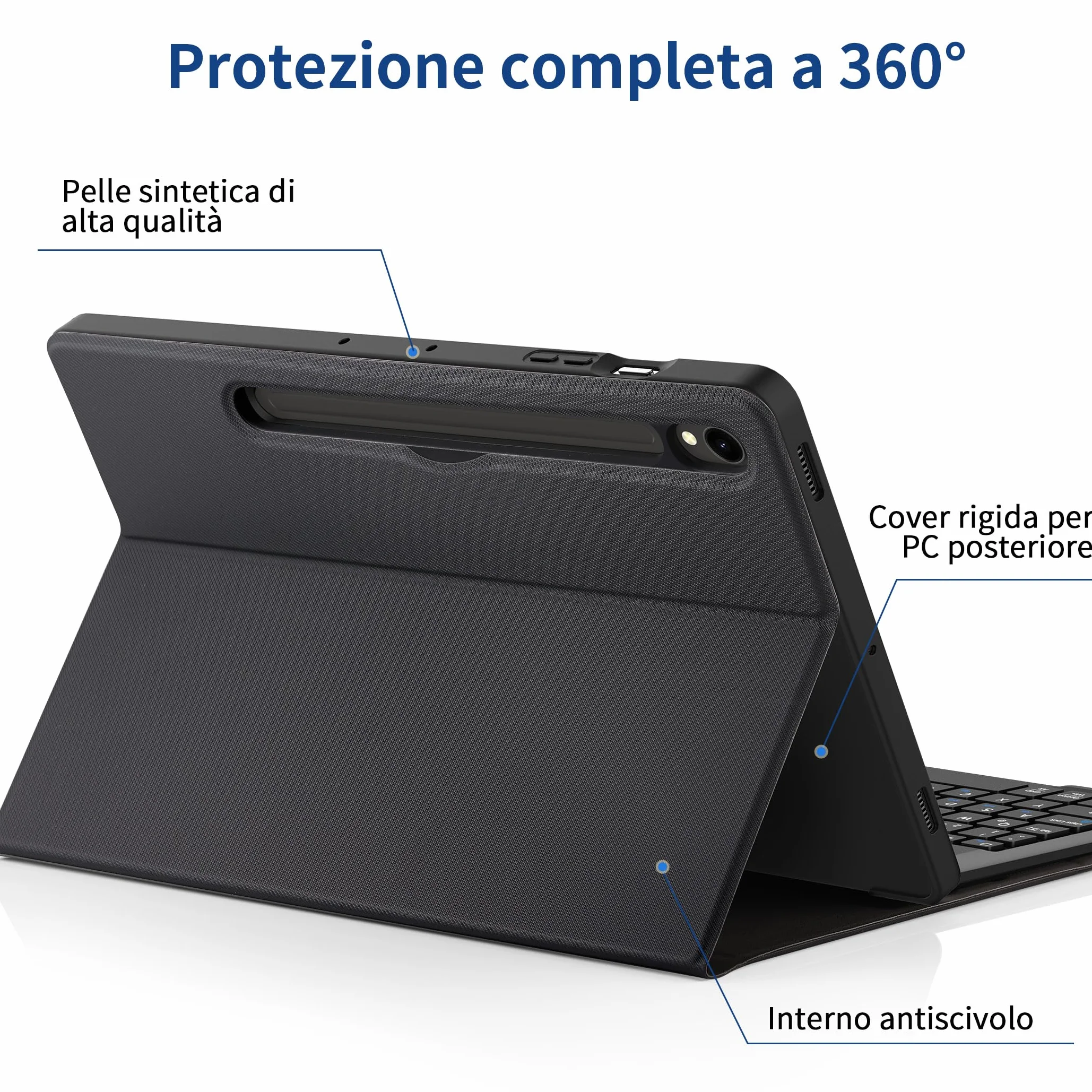 EasyAcc Cover con Tastiera Compatibile con Samsung Galaxy Tab S10 Lite/S10 FE/S9 FE/S9 10.9"/11"(2025/2023) con Pellicola Protettiva, [Italiano], Tastiera Rimovibile con Portapenne, Nero