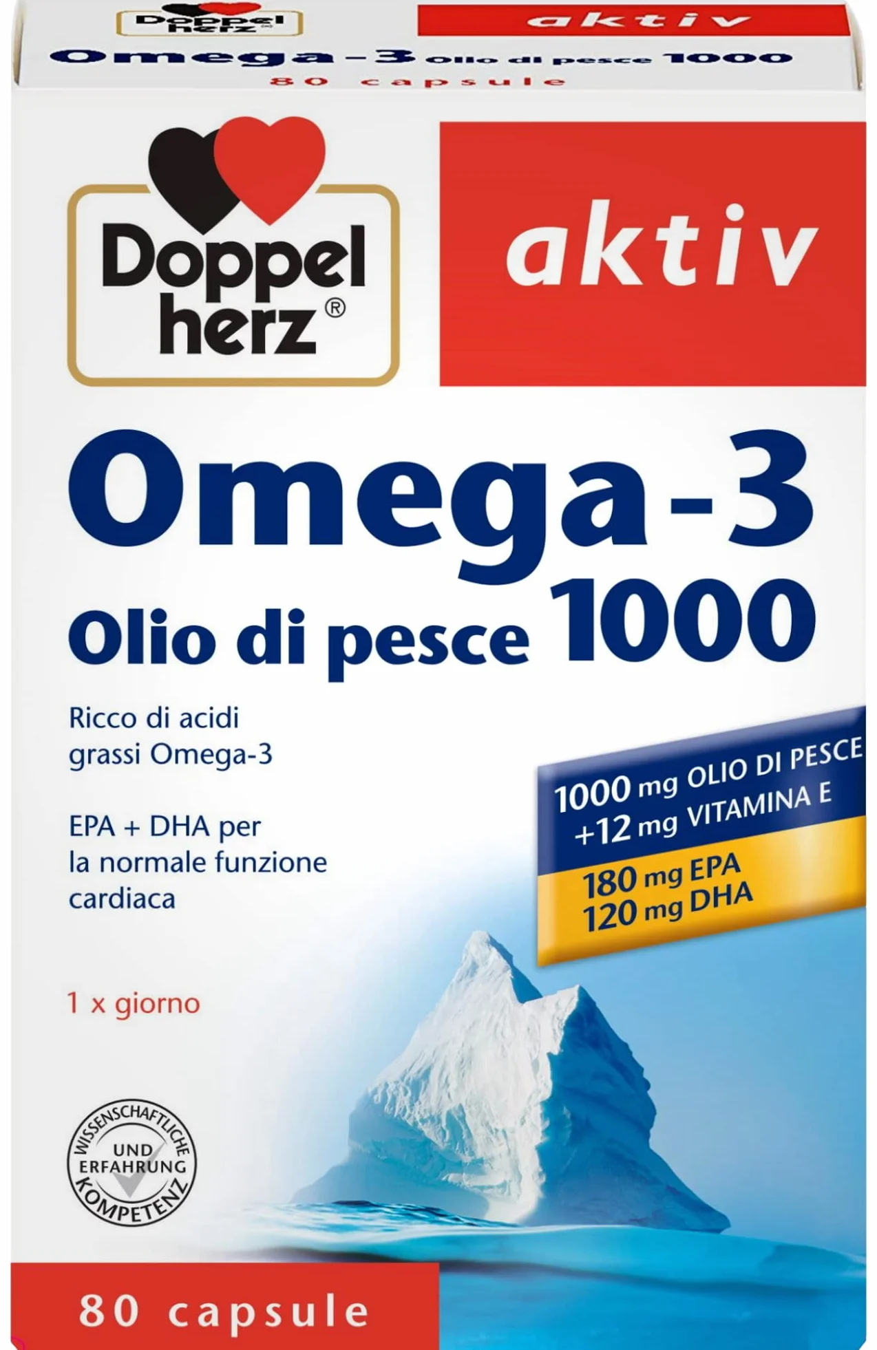 Doppelherz Omega-3 1000 Capsule 300 mg EPA DHA Olio di Pesce Purificato Vitamina E Integratore Cuore Cervello Vista