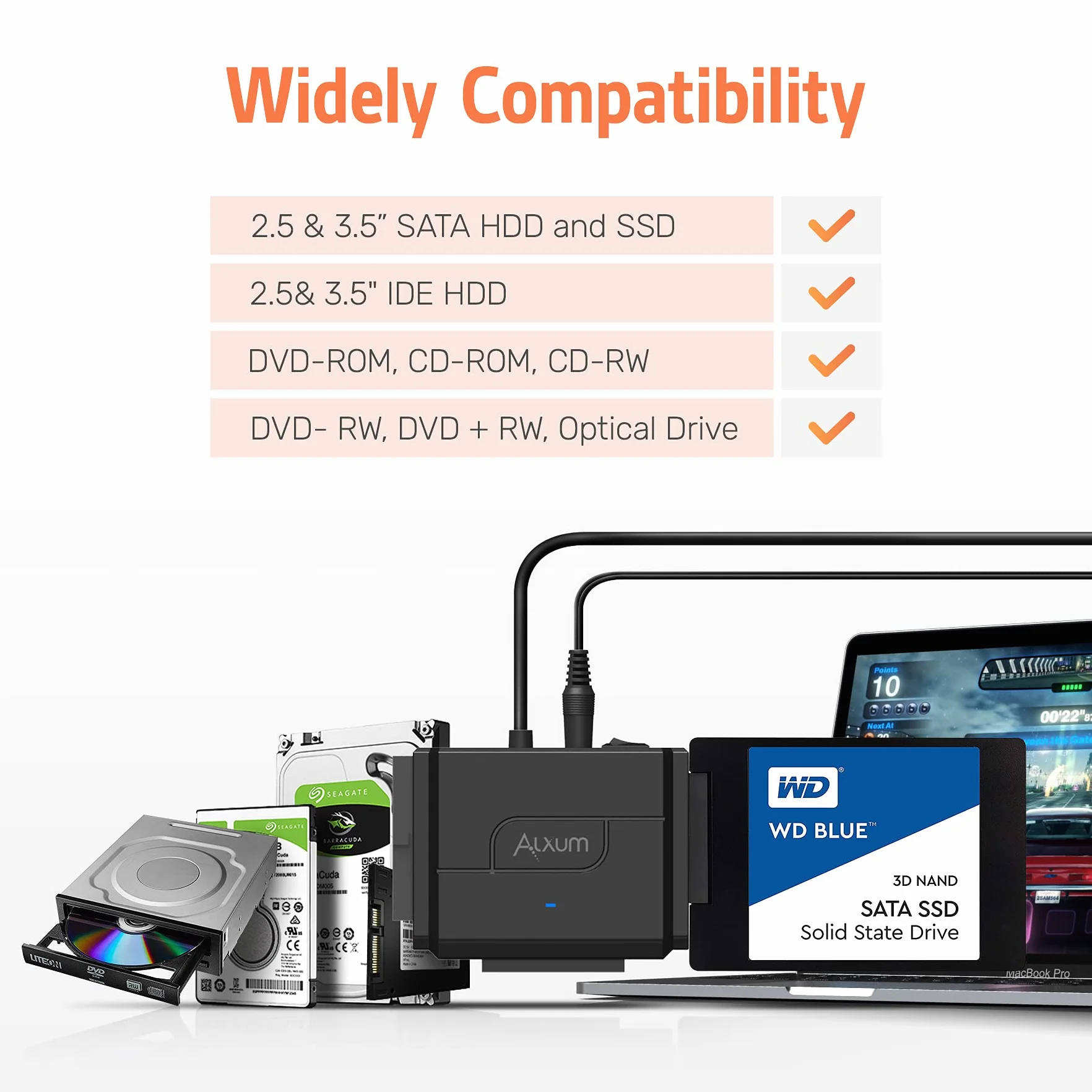 Alxum Adattatore IDE SATA per 2,5/3,5 pollici HDD SSD Disco Rigido IDE a USB 3.0 Esterno Cavo Alimentazione DC12V 2A