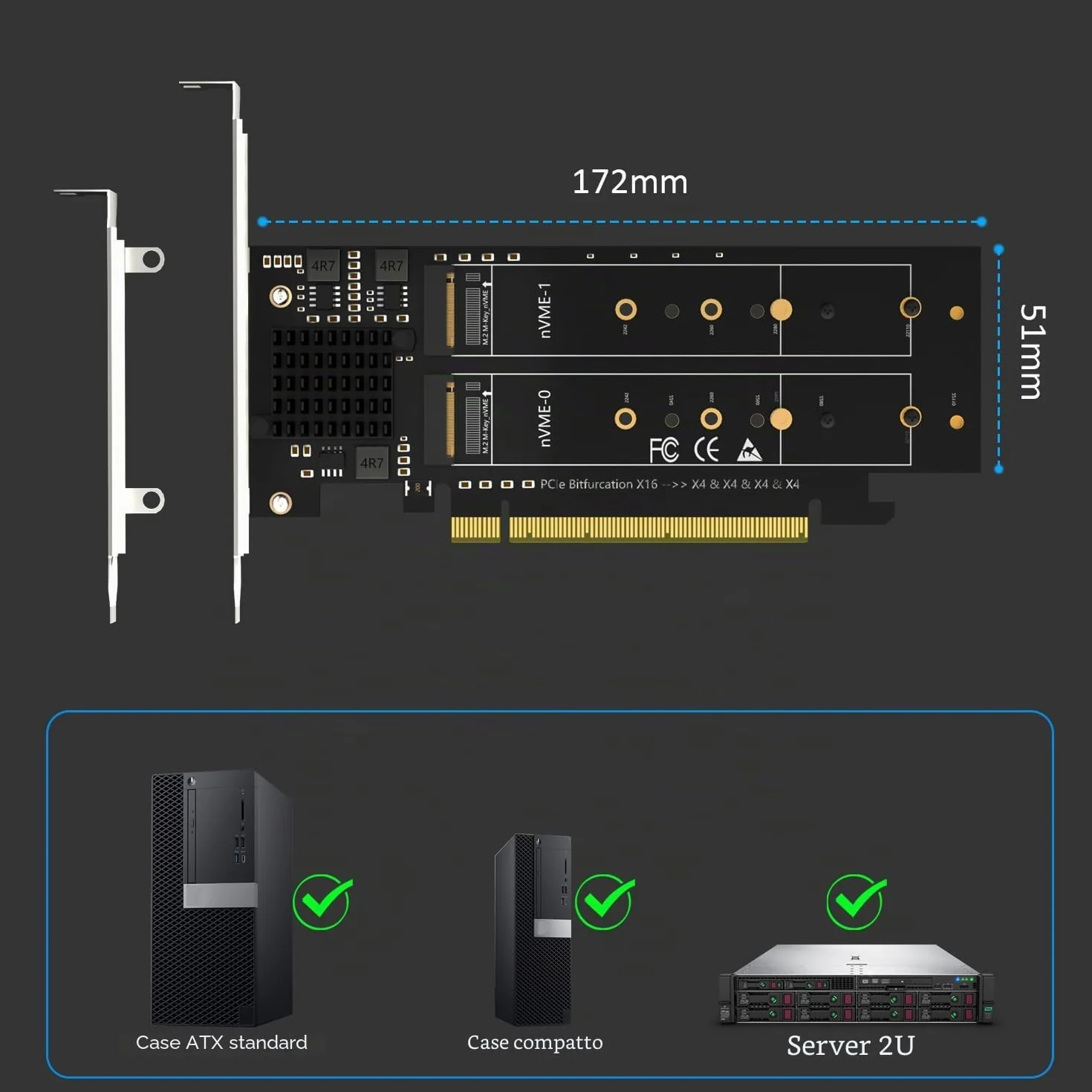 GLOTRENDS PA41 Quad Adattatore M.2 NVMe a PCIe 4.0 X16 senza biforcazione PCIe, configurazione RAID M.2 NVMe tramite strumento OS (supporta dimensioni 22110/2280)