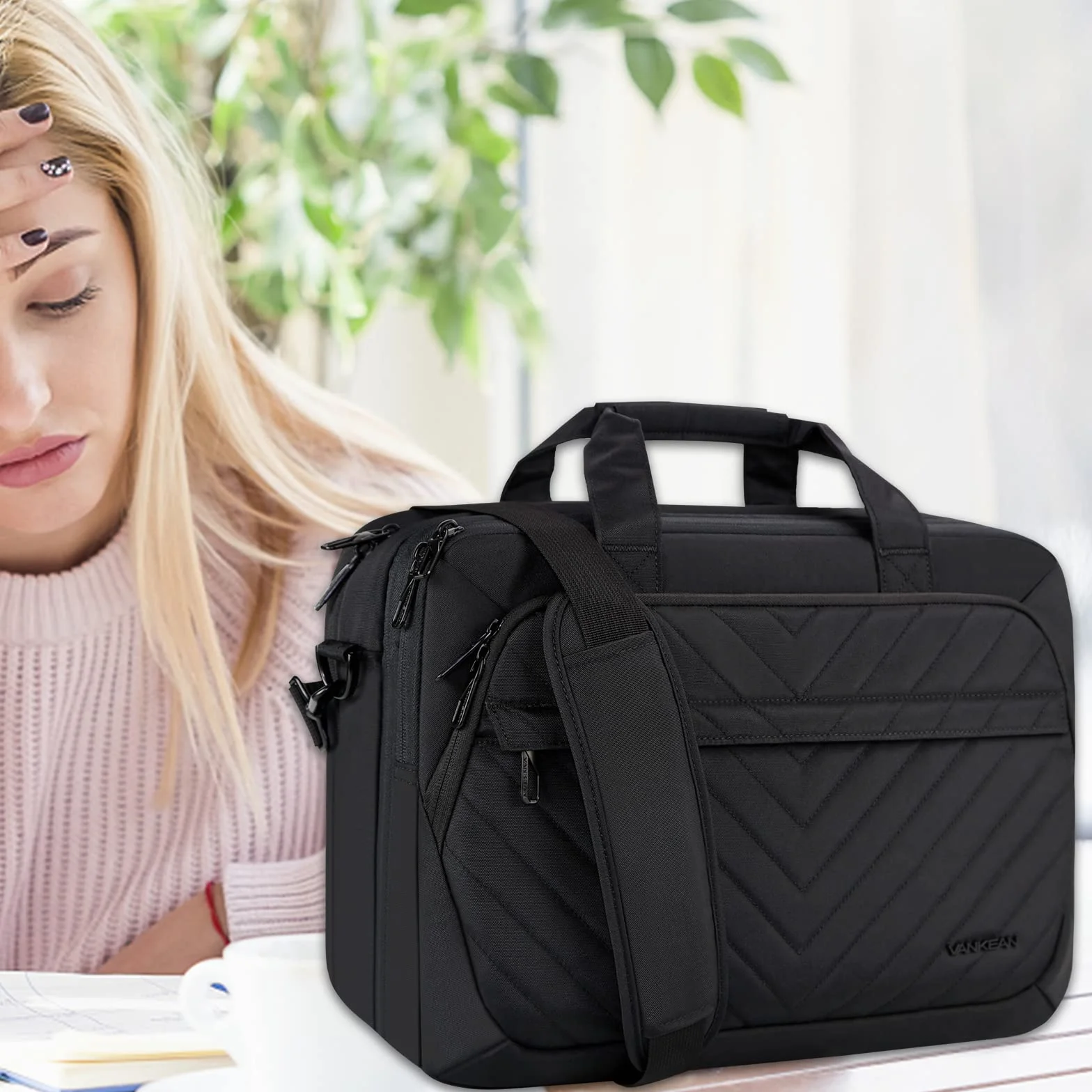 VANKEAN Borsa portatile da 17 pollici, valigetta espandibile TSA per donne moda, borsa per Computer impermeabile con tasca RFID, borsa per donne messaggeri per autobus/viaggi/College, nero