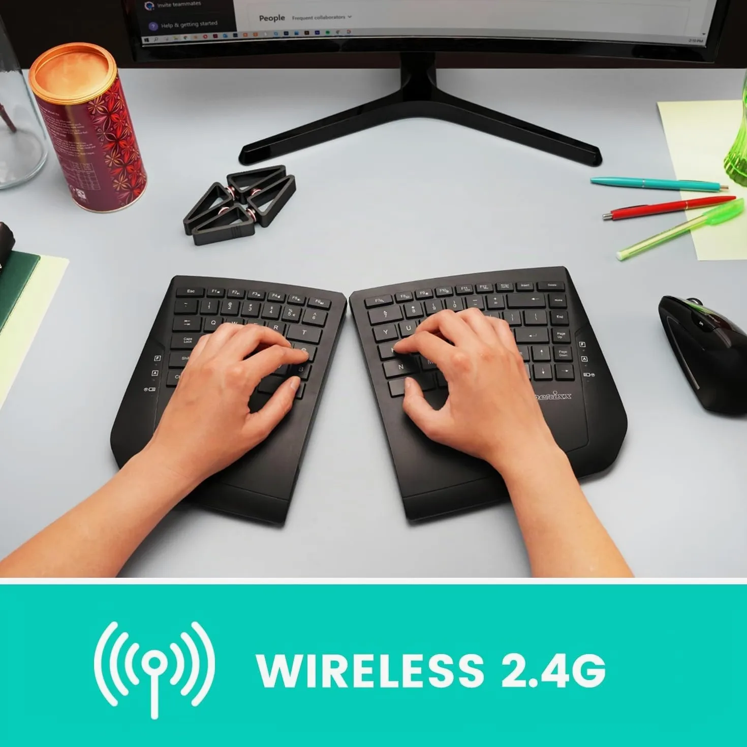Perixx PERIBOARD-624B - Tastiera wireless ergonomica, con due metà separate, layout QWERTY UK