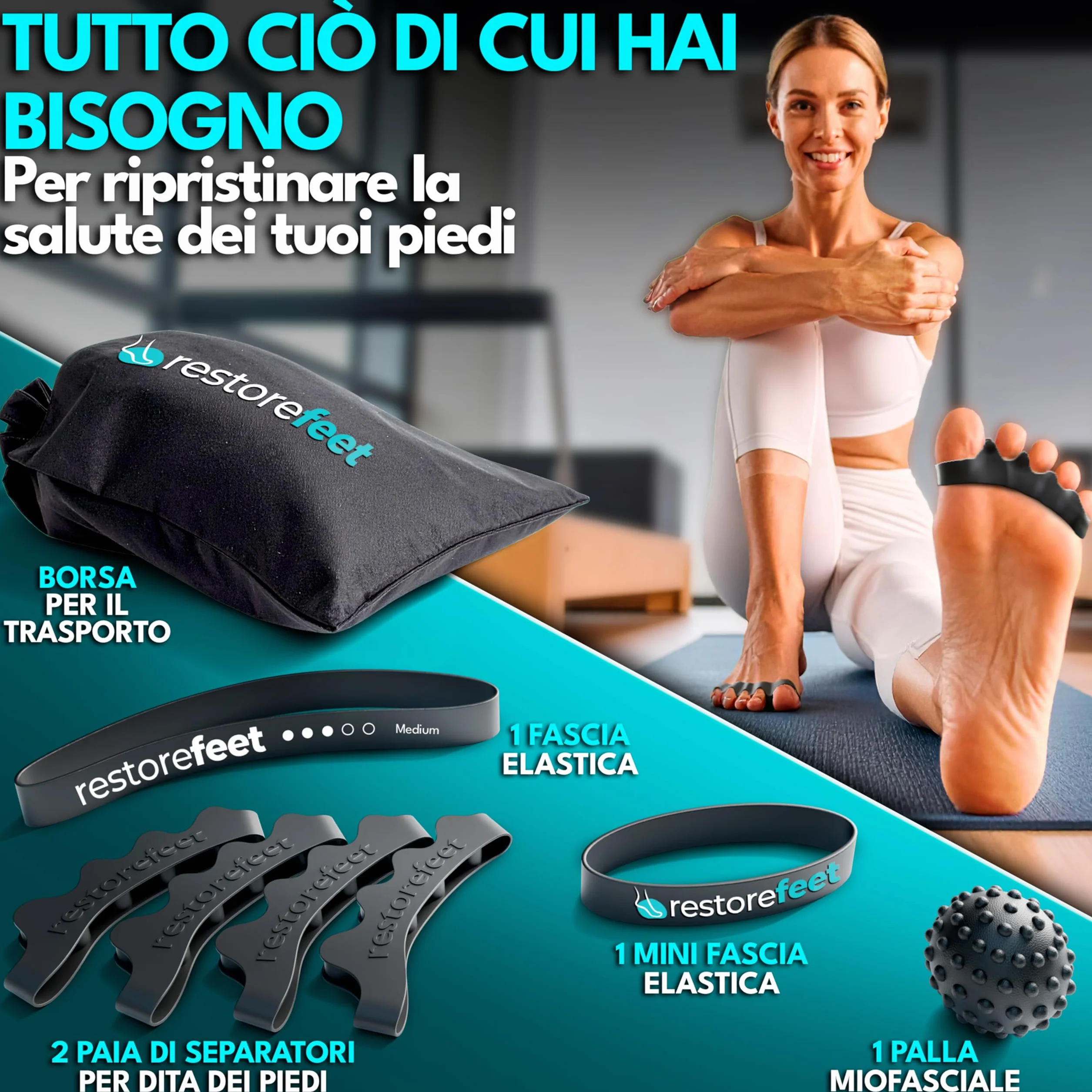 Kit Correttore Dita Piedi con 2 Paia + Fascia Correttiva, Mini Fascia e Palla Miofasciale – Sollievo per Alluce Valgo, Dita Sovrapposte o Storte – Uso Barefoot, Senza BPA, Unisex