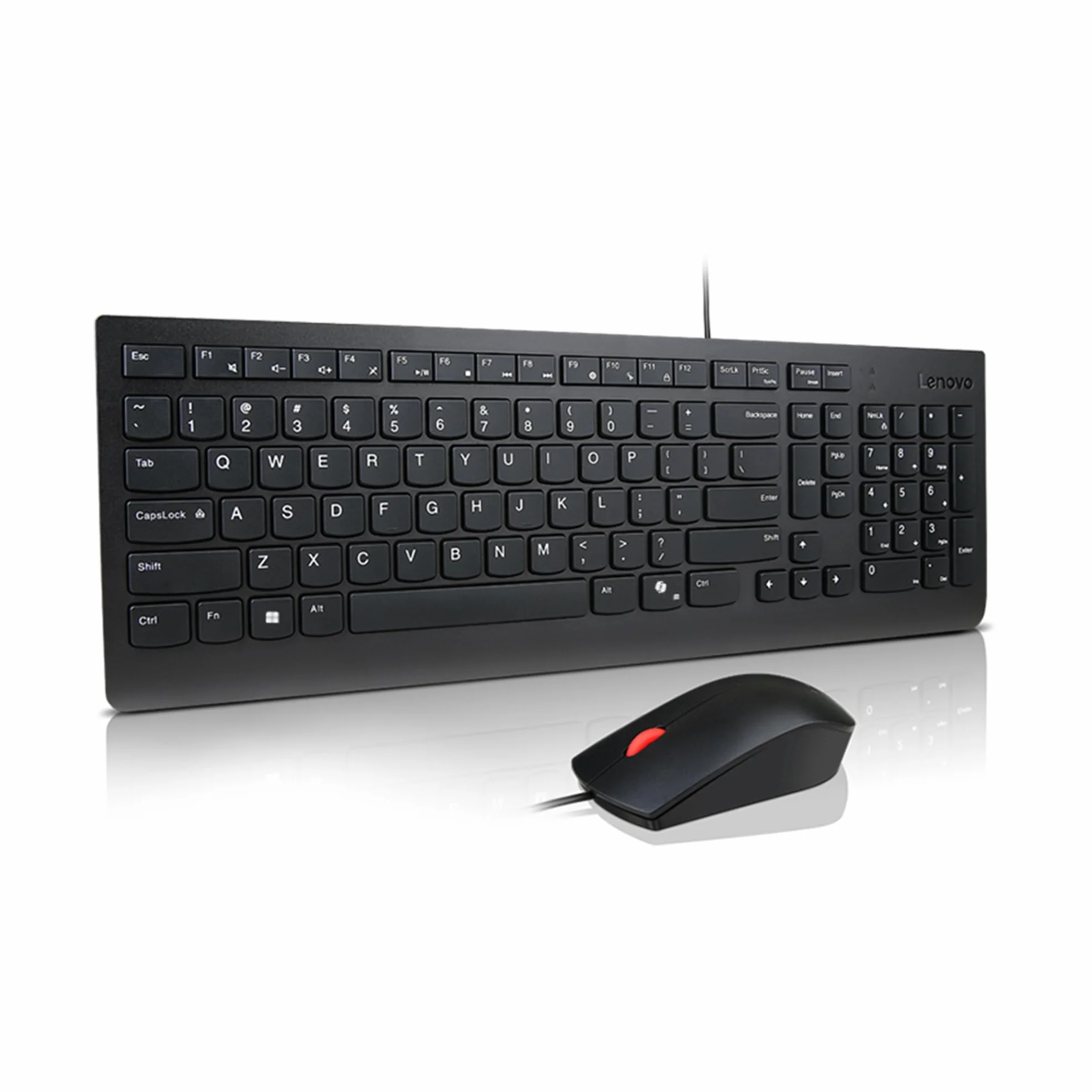 Lenovo Combo Tastiera + Mouse Cablato Essential – USB, Layout Compatto con Tastierino, Mouse Ergonomico 1600 DPI, Design Anti-Schizzi, Tasto Copilot – Nero