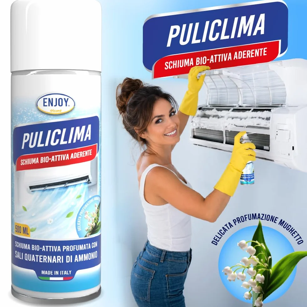 ENJOY HOME PULICLIMA Igienizzante Condizionatori Spray 500ml - Schiuma Attiva ai Sali Quaternari di Ammonio per Split e Filtri - Pulitore Professionale Antibatterico al Profumo di Mughetto