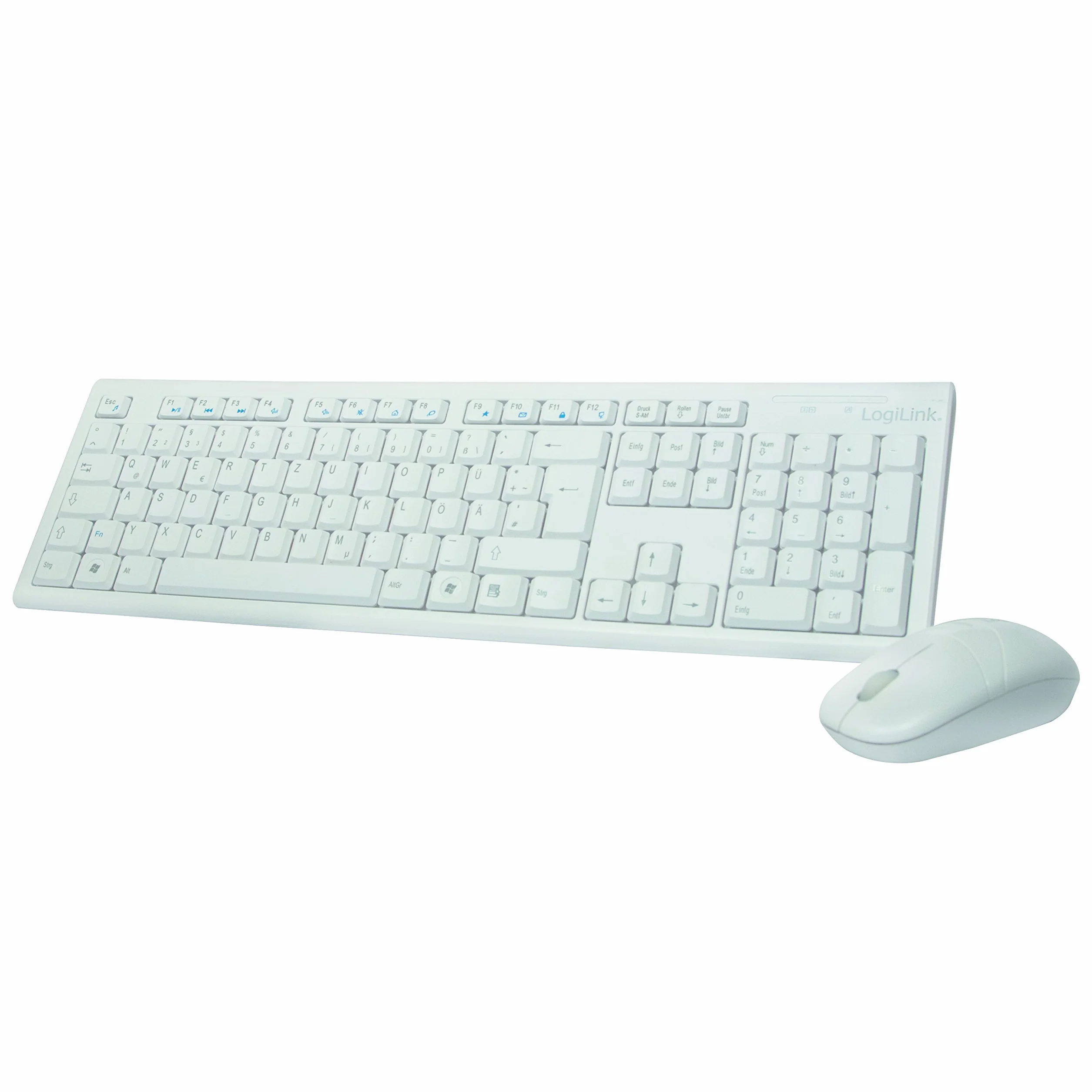 LogiLink ID0104W - Set tastiera/mouse wireless, 2,4 GHz, tastiera 103 tasti (+13 tasti di scelta rapida) - mouse (sensore ottico) con 3 pulsanti, connessione auto, bianco