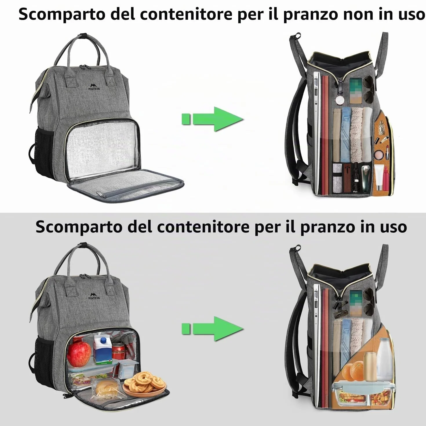 MATEIN Zaino Lavoro Donna con Porta Pranzo, Zaino Porta PC Donna 15,6 Pollici Antifurto e Impermeabile, con Scomparto Termico per Ufficio, Università, Trekking e Picnic, Grigio