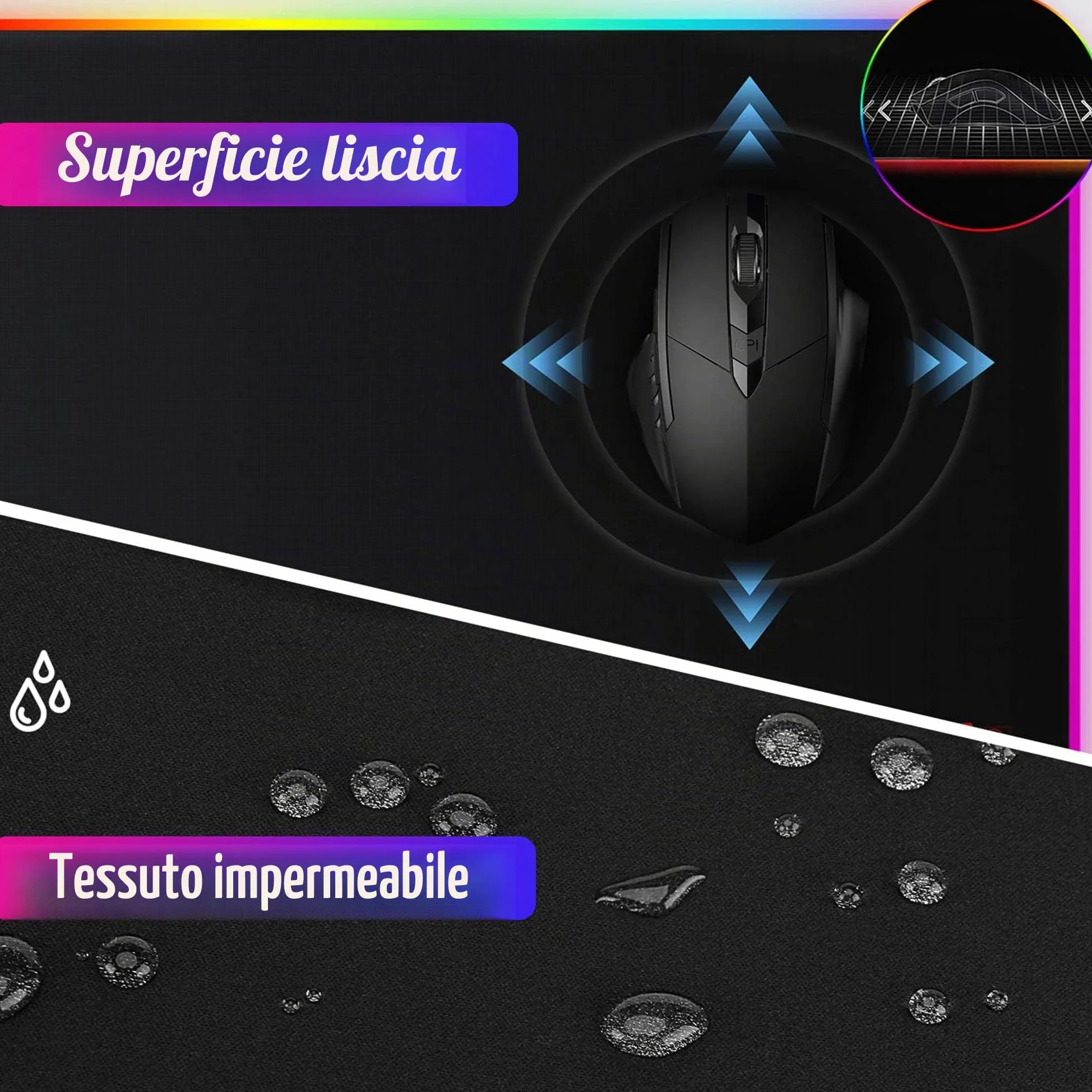 RGB Tappetino per Mouse Gaming XXL 900 x 400 mm Grande Mouse Pad 12 LED Effetti Luce Superficie Liscio Antiscivolo Computer PC e Laptop Tappetino per Mouse Lupo