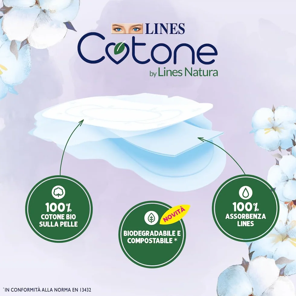 Lines Cotone Natura Ali 12 assorbenti giorno biodegradabili compostabili 100% cotone bio