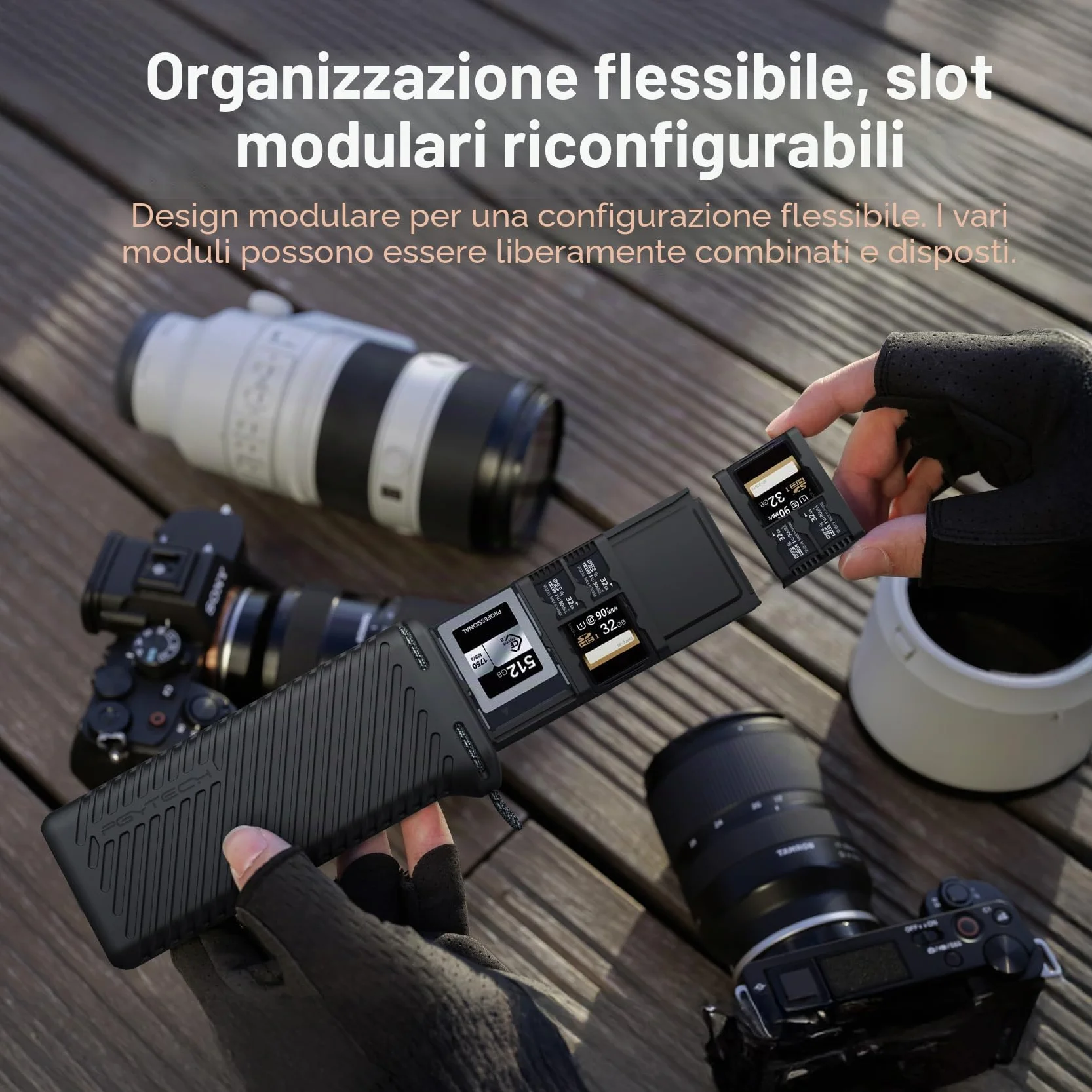 PGYTECH CreateMate Custodia per Schede di Memoria, 18 Slot Personalizzabili per SD/CF/XQD/SIM, IP54 Resistente ad Acqua/Polvere, Alluminio+Silicone con Moschettone per Fotografi