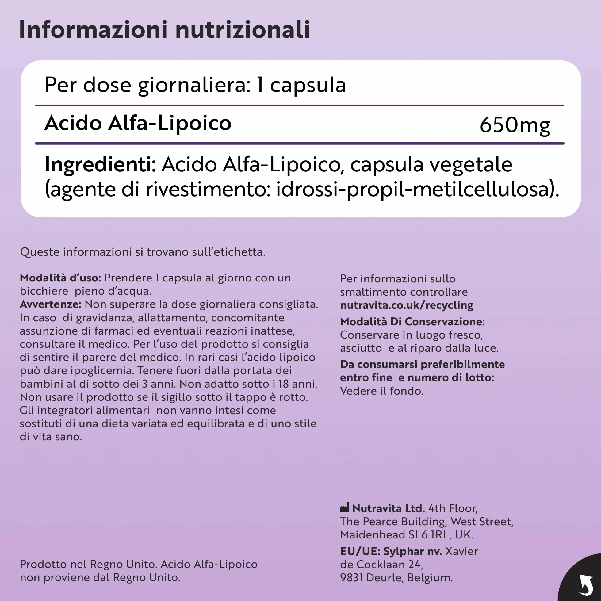 Nutravita Acido Alfa Lipoico 650 mg 120 Capsule Vegane Integratore Alta Concentrazione