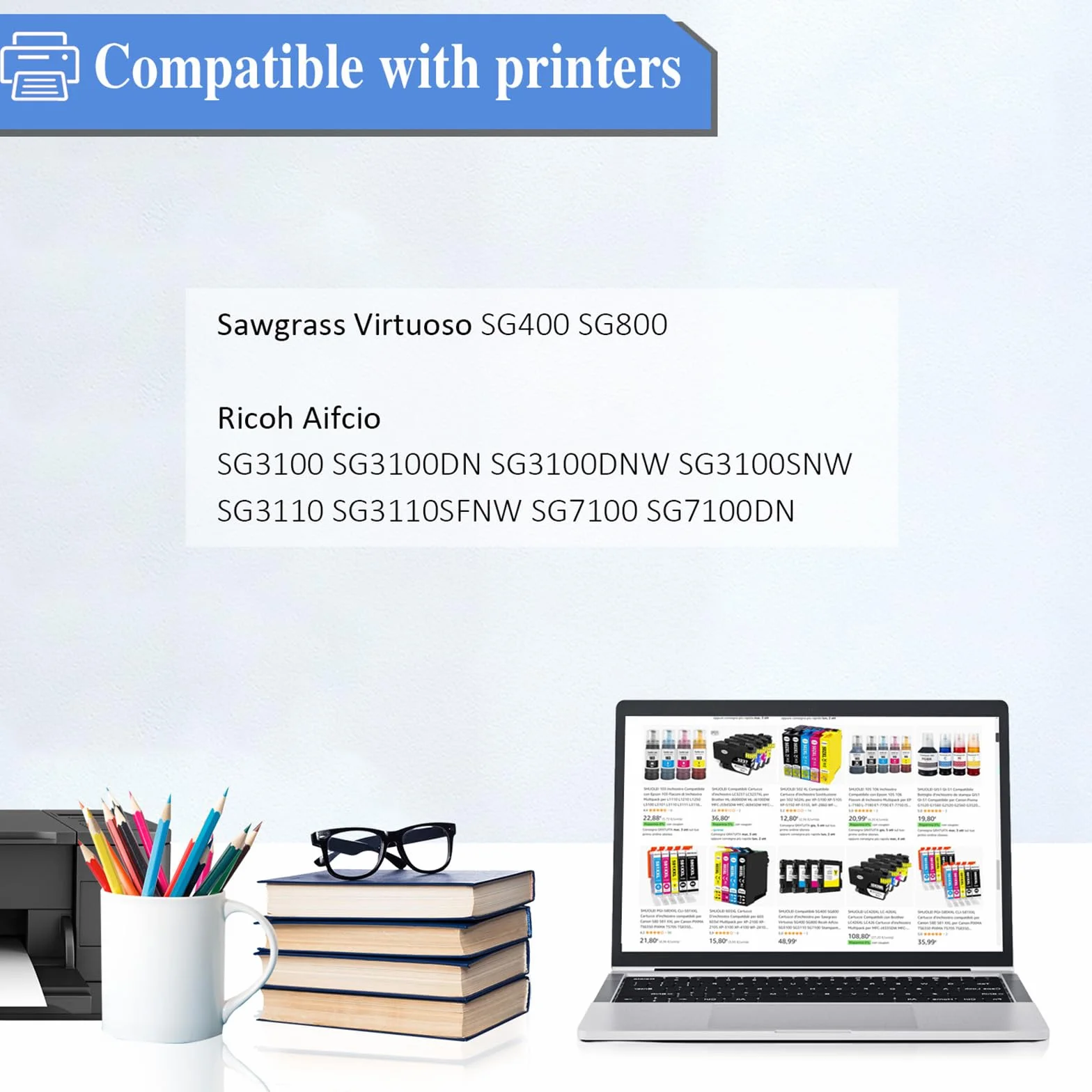 Compatibili SG400 SG800 Cartucce d'inchiostro per Sawgrass Virtuoso SG400 SG800 Ricoh Aifcio SG3100 SG3110 SG7100 Stampante Inchiostro Sublimazione a Trasferimento di Calore (BK/C/M/Y 4-Pack)
