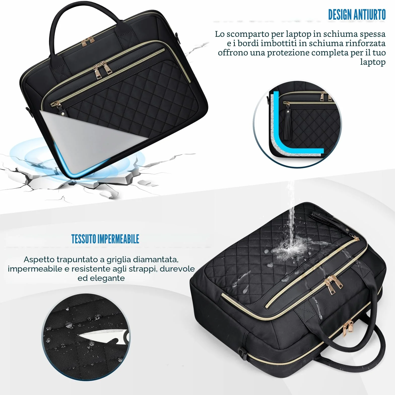 RAINSMORE Borsa Porta PC 17,3 Pollici Borsa Lavoro Donna Impermeabile Borse Computer Borse Documenti Messenger Portadocument per Università Insegnante Ufficio Nero